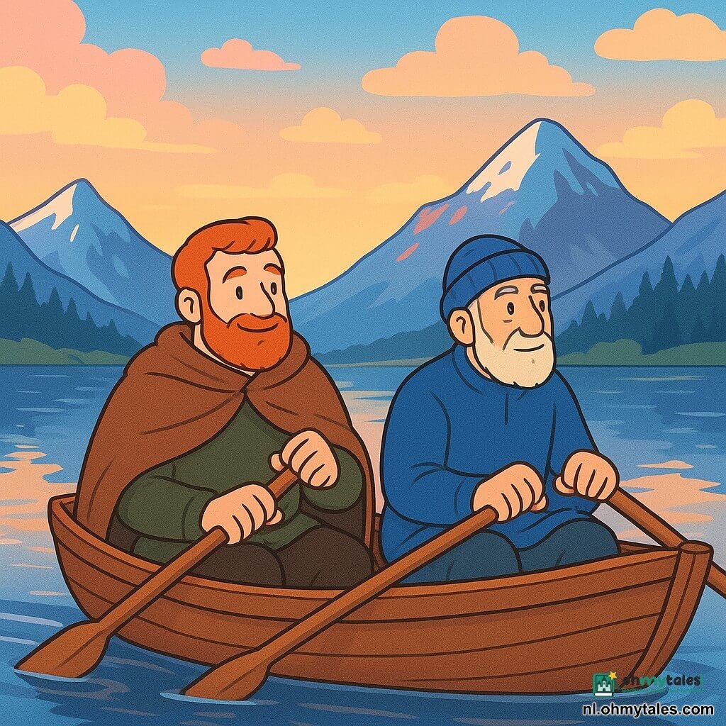 Een man van middelbare leeftijd, Eirik, met een rode baard en een grote wollen cape, glimlacht zachtjes terwijl hij een houten roeispaan vasthoudt. Hij zit in een kleine boot op kalm water. Naast hem zit een oudere man, Halvard, met een vredige uitdrukking, die een blauwe muts draagt en naar de horizon kijkt. Hij houdt een andere roeispaan vast. Rondom hen strekt de fjord zich uit, met glinsterend water dat de besneeuwde bergen en de pastelkleuren van de schemering weerspiegelt. De bergen zijn majestueus, met besneeuwde toppen en donkere dennenbossen aan de voet. De hoofdzakelijke scène toont Eirik en Halvard die samen roeien, wat vriendschap en genezing symboliseert, onder een hemel bezaaid met roze en gouden wolken.