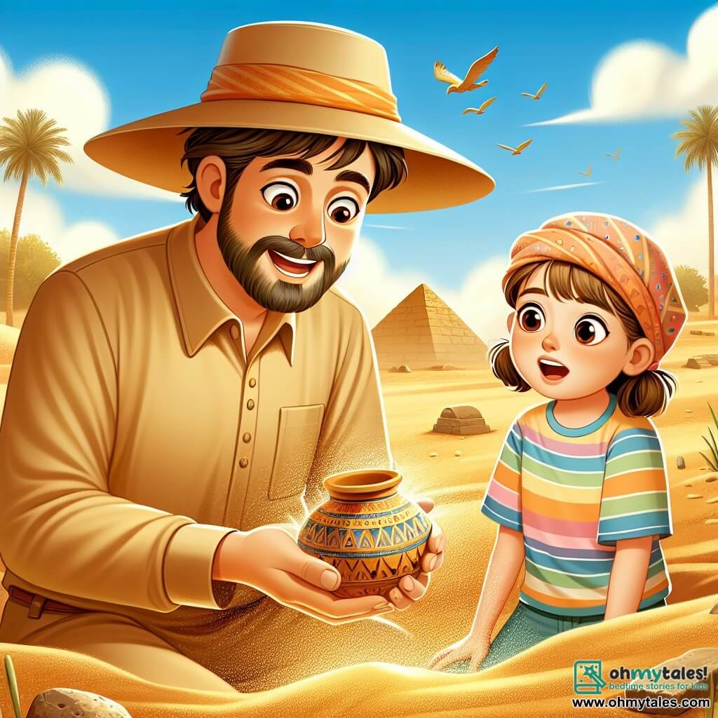 An archaeologist, Mr. Oliver, is at the center of the image, wearing a large beige hat and a long-sleeved shirt. He has a smiling face and excited eyes as he holds a small terracotta pot, uncovering a treasure from the past. Next to him is a girl named Sara, about 10 years old, with brown hair in pigtails, wearing a similar hat and a colorful t-shirt. She looks at the pot with wonder, hands on her hips, full of curiosity. The setting is a sunny archaeological site with golden sand dunes and ancient stones scattered around. In the background, there are palm trees and a blue sky with white clouds. The main scene shows Mr. Oliver and Sara digging in the ground, surrounded by golden dust dancing in the air, as they discover ancient objects, filled with joy and amazement at the secrets of the past.