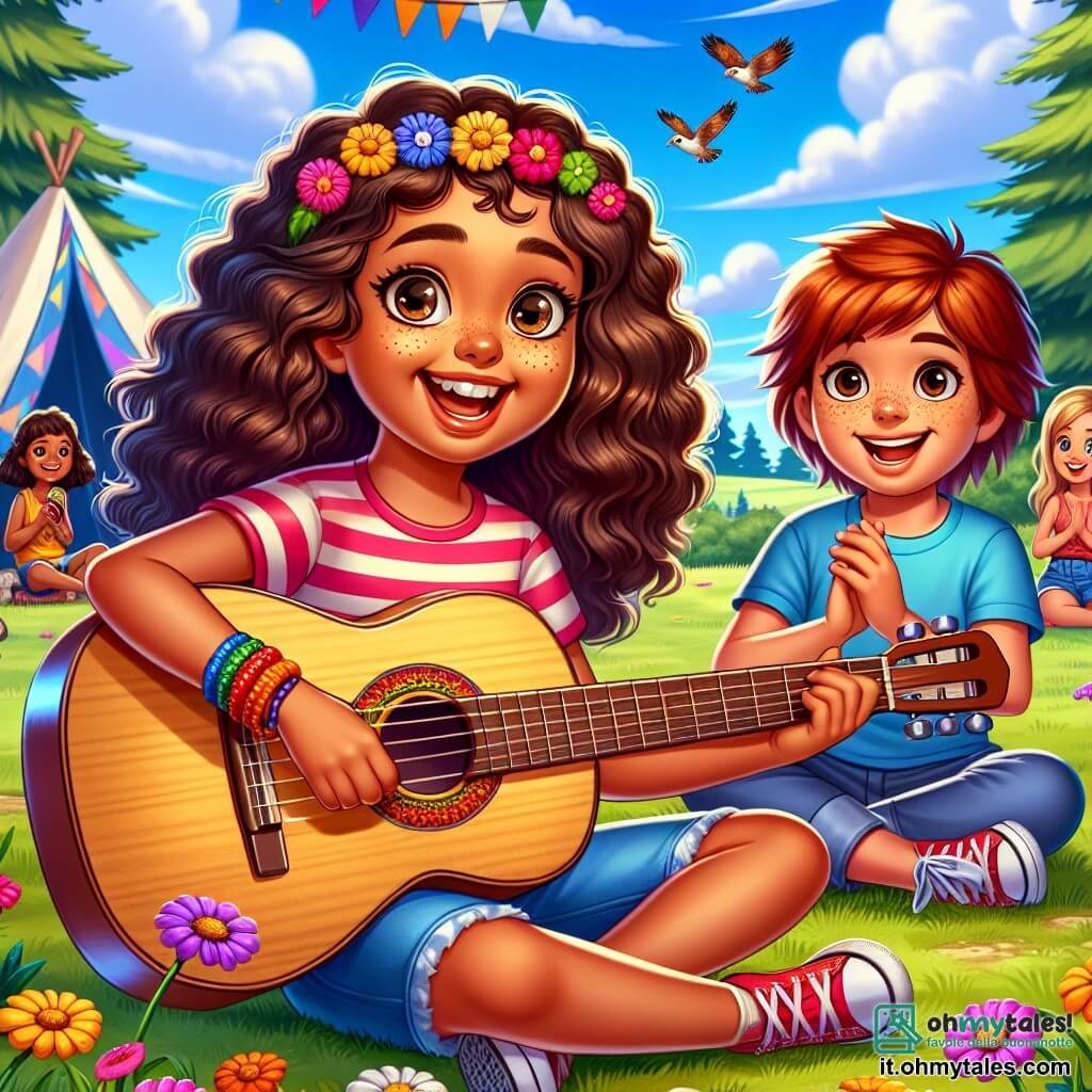 Una ragazza di 12 anni, Sofia, con capelli castani e ricci, un grande sorriso gioioso e occhi scintillanti di curiosità, tiene una chitarra in mano. È seduta su un prato verde, circondata da fiori colorati, e sembra piena di entusiasmo, pronta a suonare una melodia. Accanto a lei, la sua migliore amica Martina, una ragazza di 12 anni con capelli neri e lisci, con un volto sorridente, batte le mani a ritmo di musica, indossando una maglietta a righe colorate. Poco più in là, Luca, un ragazzo di 12 anni con capelli rossi e lentiggini, le guarda con ammirazione, tenendo un tamburello, pronto a unirsi a loro. Il contesto è quello di un centro vacanze estivo, con alberi maestosi, tende colorate e un cielo blu brillante punteggiato di nuvole bianche e soffici. La scena trasmette un'atmosfera di gioia e amicizia, dove risate e musica fluttuano nell'aria calda dell'estate. Sofia, circondata dai suoi amici, sta suonando una canzone, creando un momento magico e indimenticabile.