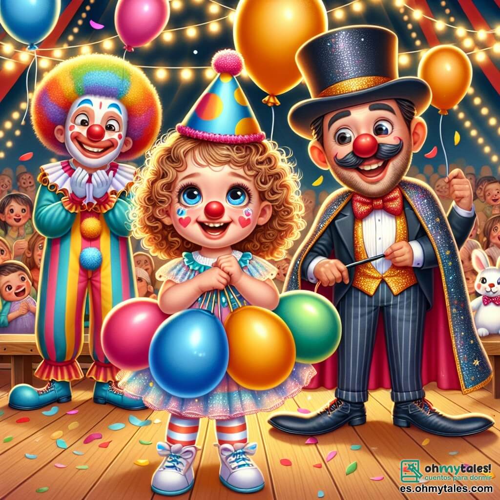 Una niña de 1 año, con grandes ojos brillantes y cabello rizado, lleva un sombrero de payaso colorido y una pequeña nariz roja. Sonríe con asombro, sosteniendo globos multicolores en sus manos. A su lado, un payaso llamado Pepito, de unos 30 años, con un gran bigote y un traje a rayas, hace muecas mientras sostiene un globo gigante. Un mago, de unos 40 años, con un sombrero de copa y una capa brillante, está en el fondo, haciendo aparecer un lindo conejo blanco. La escena se desarrolla bajo un gran carpa de circo, decorada con luces brillantes y banderines coloridos, con espectadores alegres sentados en bancos de madera. En el centro de la imagen, la niña y los dos personajes principales están rodeados de confeti que cae del cielo, creando una atmósfera festiva y mágica. La situación principal muestra a la niña, maravillada, participando en un espectáculo de circo, rodeada de risas y alegría.