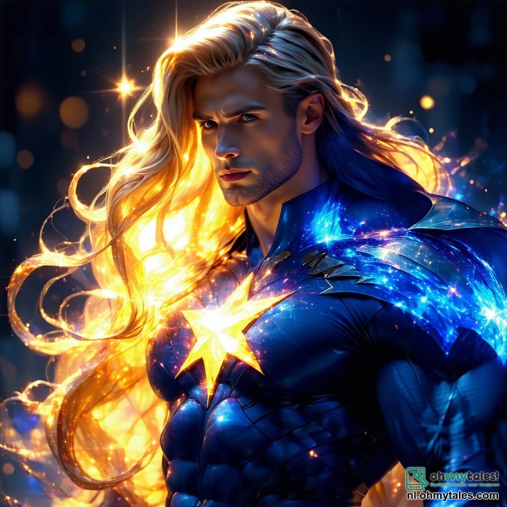 Aurora, een superheldin, is een vrouw met lange gouden haren die schitteren als sterren. Ze draagt een diepblauw kostuum versierd met een grote gouden ster op haar borst, en haar gezicht straalt vastberadenheid terwijl ze haar energie concentreert om een krachtige lichtstraal te creëren. Naast haar staat Titan, een gespierde man van ongeveer 30 jaar met een imposante houding en zichtbare spieren. Hij draagt een zilveren harnas en is klaar om de burgers te beschermen, met een serieuze en vastberaden blik. Net achter hen manipuleert Technomancer, een jonge man van ongeveer 25 jaar met een bril en rommelige haren, futuristische gadgets, zijn gezicht getekend door concentratie. De scène speelt zich af in het levendige centrum van Zenithia, een magische stad waar schitterende gebouwen naar de lucht reiken, omringd door heldere wolken en felle kleuren. Dreigende schaduwen zweven boven de stad, wat een gespannen sfeer creëert. Het belangrijkste moment toont Aurora die een krachtige lichtstraal lanceert naar een duistere schaduw, Nyx, die probeert de stad in duisternis te hullen. Lichtstralen en schaduwen strijden in een epische strijd, terwijl Titan en Technomancer zich voorbereiden om hun heldhaftige vriendin te steunen.