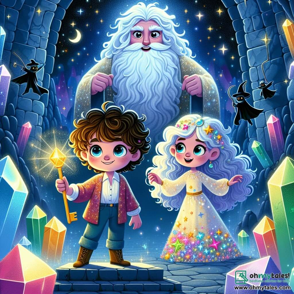 An 8-year-old boy named Leo, with curly hair and sparkling eyes, stands at the center of the image, holding a shiny key in his small hands, his face illuminated by wonder and determination. Beside him is Zara, a 10-year-old young witch with long wavy hair and a colorful dress adorned with sparkling stars, raising her magic wand, ready to unleash the magic of the crystal. Their environment is a vast cave with shimmering walls, filled with multicolored crystals emitting a soft light, creating a fairy-tale atmosphere. Shadows dance around them, and the air is charged with mysterious energy. The main scene shows Leo placing the key into a stone pedestal, while a huge benevolent giant, the guardian of the cave, watches them with a wise smile, his eyes shining like stars. The entire image exudes an ambiance of magic and adventure, capturing the essence of their quest to save the city of Lumina.