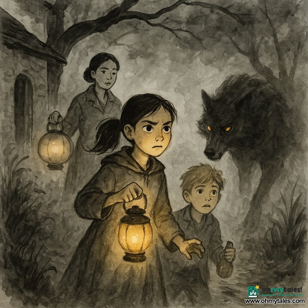 The protagonist is a determined 12-year-old girl with large bright eyes, chestnut hair in a ponytail, wearing a simple dress and light coat, holding a small metal lantern that casts a warm glow on her face; she looks brave but worried, brows furrowed and jaw set, standing upright with her arm outstretched as if protecting others. A secondary character is an 11-year-old boy, her friend, with tousled blond hair and a worried expression, holding a small vial of oil and standing just behind her, lit by the same lantern. Another secondary character is an adult woman (the mother, about 35) with a reassuring, serious face and dark hair in a bun, holding a large lantern near the door of a white cottage. The Big Bad Wolf partially emerges from the fog: a massive silhouette with ashen black fur, yellow eyes reflecting the light, an elongated muzzle level with the lanterns, half in shadow and half in mist. The scene is a narrow path behind an old stone mill with wet tall grass, twisted trees forming a dark arch, muddy ground with prints, and lanterns throwing golden circles in the mist. The main situation is a tense confrontation between the girl with the lantern and the wolf rising from the fog; the warm light contrasts sharply with the wolf’s cold shadow in a nocturnal, humid, mysterious atmosphere centered on the lantern as the focal point.
