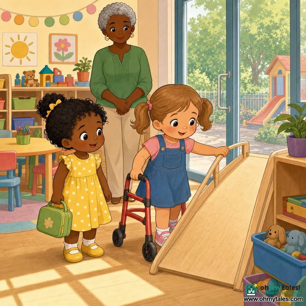 Three characters: Mia, about 3, light-brown hair in pigtails, rosy cheeks, blue overalls, holding a small red walker and touching a light-wood ramp on the right; Lila, about 3, curly black hair, yellow polka-dot dress, left of Mia, holding a small green lunch bag, smiling and pointing at the ramp; Mrs. June, the teacher, adult with short gray hair and a green smock, standing behind them near a glass door watching kindly; setting: bright preschool classroom with light wood floor and sun patches, low shelves of colorful toys, low round tables and a small light-wood ramp by the door; scene: the girls discover the ramp—Mia tests her walker (it makes a little "click-click"), Lila laughs and points, warm pastel colors and gentle expressions.