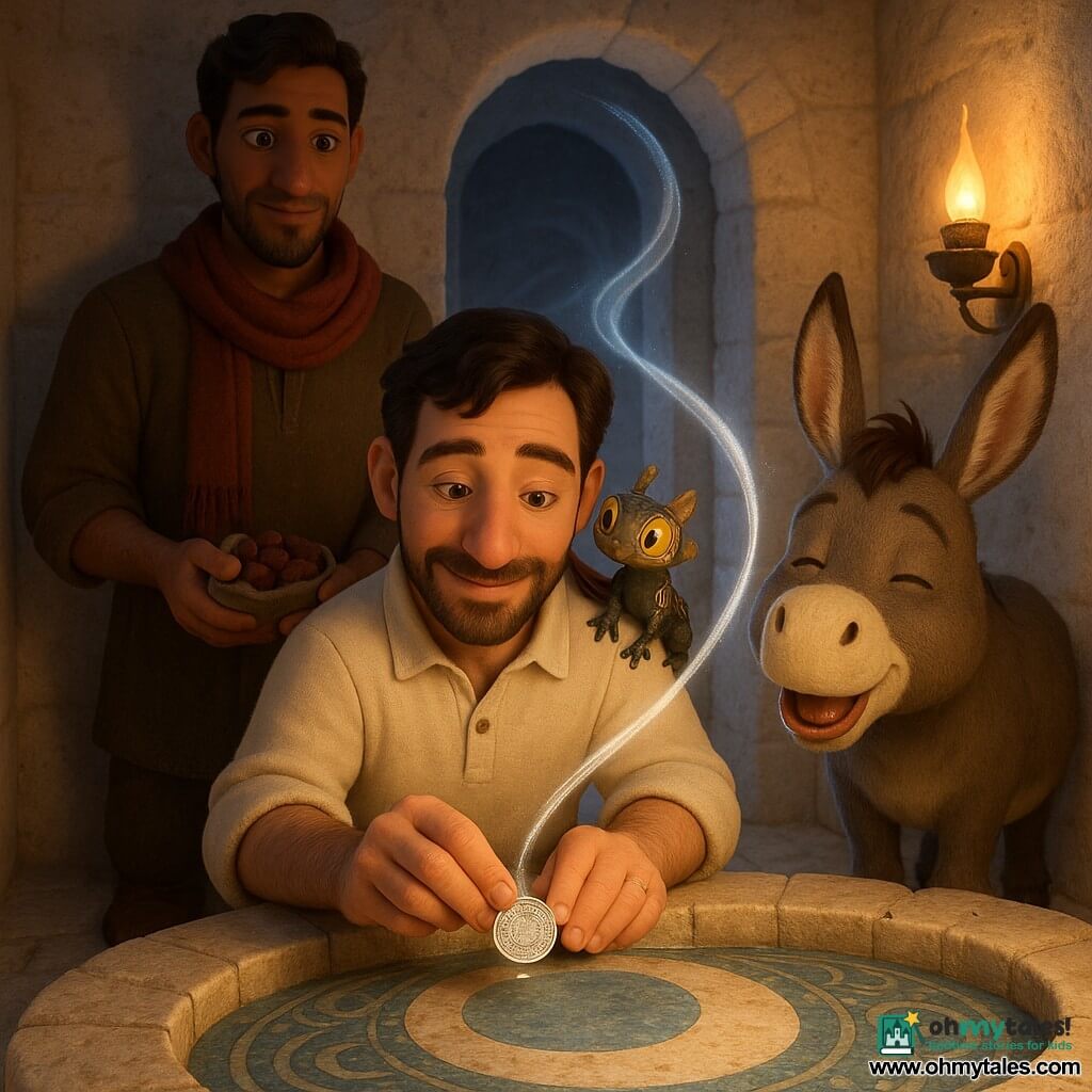 Amir kneels in a small off-white stone shrine, soft-bearded and smiling yet focused, placing a small silver disk (the Moon Seal) on a stone ledge near a shallow bowl of water as a thin silver light rises from it to entwine a swirling breeze at the sanctuary entrance; behind him to the left stands Farid, about 35, tall with tanned skin and a red headscarf, offering a small bag of dates, a small plump donkey named Tufan stands at Amir’s right chewing a date, and a stylized ink-and-gold lizard-like companion, Ziri, perches on Amir’s shoulder—all lit by warm oil-lamp light over a mosaic floor depicting a pale moon, the mood calm and benevolent.