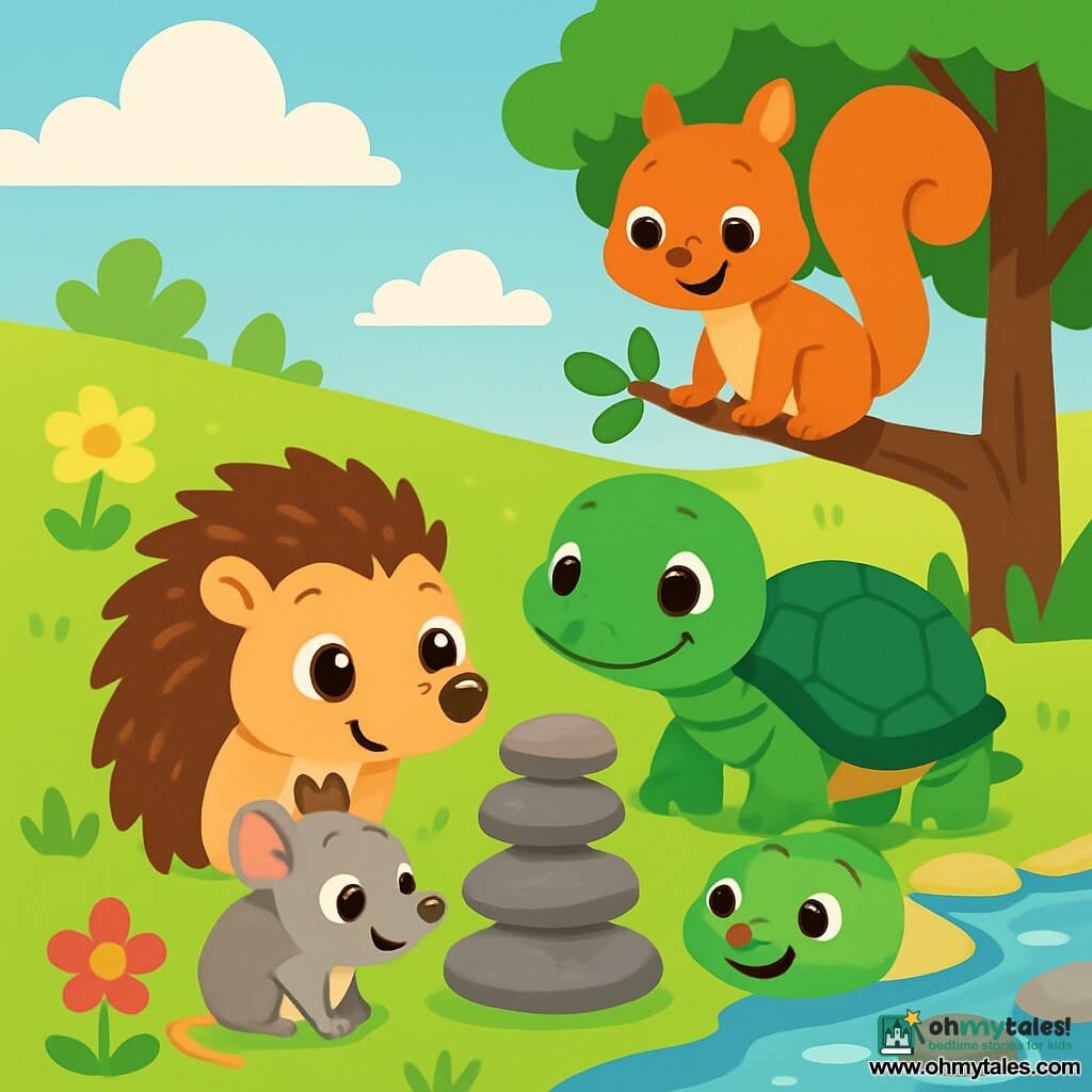 Pip, a small hedgehog with soft brown spikes, curiously watches a cairn of smooth stones by a stream with bright, eager eyes. His twitching little nose shows his excitement. Next to him, Tulla, a turtle with a shiny green shell, smiles with wise eyes, carefully observing the cairn. Nib, a small gray mouse with big ears, stands near Pip, her sparkling eyes filled with enthusiasm, ready to uncover the hidden treasure. Flip, a squirrel with reddish fur and a bushy tail, climbs a branch above them, his face glowing with anticipation. The setting is a sunny meadow dotted with colorful flowers and soft blades of grass, with a crystal-clear stream joyfully murmuring as it winds between the stones. The main scene shows Pip and his friends gathered around the cairn, their hearts racing with excitement as they prepare to discover the treasure hidden beneath the stones.