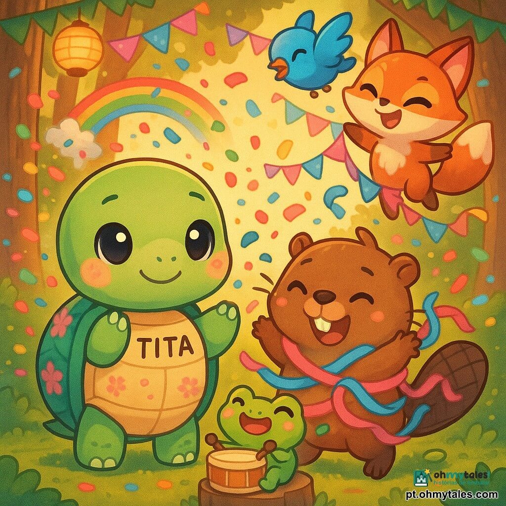 Uma tartaruga chamada Tita, rosto redondo e olhos brilhantes, carapaça lisa com motivos florais e leve sorriso, protege amigos do vento de confetes com pequenos flocos coloridos ricocheteando; Zeca, o castor de pelagem castanha, está enredado em fitas rosas e azuis ao lado de Tita; um sapo músico verde toca um pequeno bumbo sobre um toco; um pássaro azul e uma raposa ruiva brincam no ar lançando guirlandas; clareira com chão de musgo, troncos decorados com lanternas de papel e guirlandas, confetes multicoloridos formam um arco‑íris de papel; atmosfera festiva, acolhedora e levemente caótica, cores saturadas e luz de pôr do sol; estilo gráfico chibi kawaii, personagens arredondados, contornos nítidos, texturas simples e paleta pastel viva.