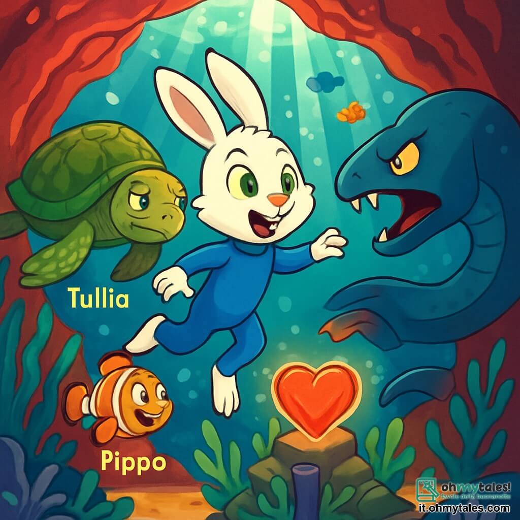 Un coniglietto bianco di nome Tobia nuota felicemente in un mare turchese, indossando una muta blu. Accanto a lui, la tartaruga Tullia osserva con saggezza mentre galleggia. Un pesce pagliaccio di nome Pippo fa pirouette attorno a Tobia. Lo sfondo è una caverna di corallo rosso illuminata da raggi di luce. Tobia, Tullia e Pippo sono pronti ad affrontare un'anguilla minacciosa che si avvicina al prezioso Cuore di Corallo, determinati e coraggiosi.
