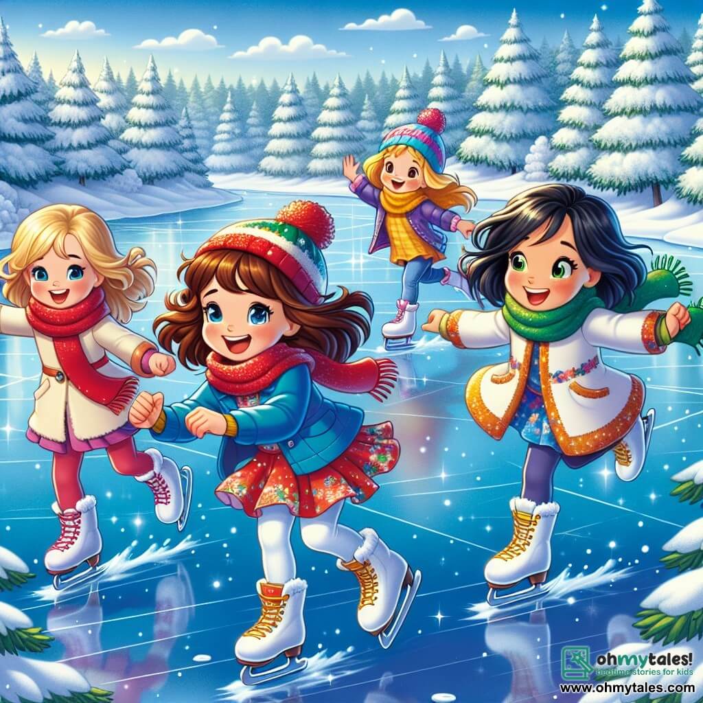 Four six-year-old girls, Mia, Zoe, Lily, and Emma, joyfully stand on a frozen lake. Mia, with brown hair and a red scarf, glides with a big smile, while Zoe, with blonde hair and a blue scarf, spins around. Lily, with chestnut hair and a yellow scarf, laughs as she falls into the snow, and Emma, with black hair and a green scarf, watches them, laughing. The scene is a charming winter landscape, with snow-covered trees and a clear blue sky dotted with fluffy clouds. The frozen lake shines like a mirror, reflecting the bright colors of the girls' scarves. The girls have fun skating on the ice, their laughter echoing in the fresh air, creating an atmosphere of joy and friendship.