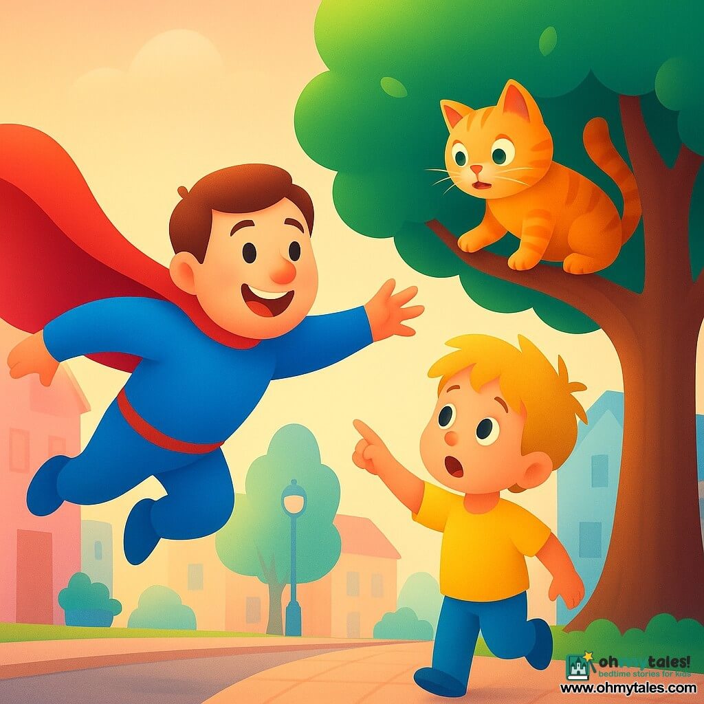 A cheerful man named Zoomy with a round, childlike face, short brown hair, and a bright blue costume with a flowing red cape dashes toward a tree with outstretched arms; a 7‑year‑old boy with messy blond hair and wide amazed eyes stands on the sidewalk pointing at the tree and watching Zoomy with admiration; a small orange‑and‑white striped fluffy kitten with frightened green eyes perches in the low branches mewing; the setting is a cobblestone street in Sunnyville with pastel houses, rounded lampposts, potted flowers, and a large tree with vivid green foliage; Zoomy leaps with his cape billowing, ready to catch the kitten—warm, illuminated colors convey safety and kindness.