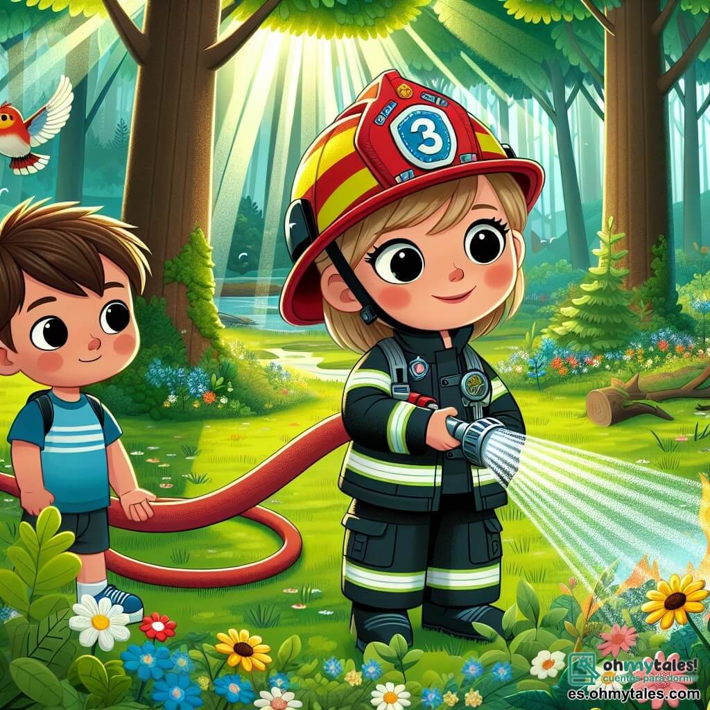 Una mujer bombera llamada Clara, sonriente y decidida, lleva un casco rojo brillante y un traje de bombero negro con bandas reflectantes. Está rociando un pequeño incendio forestal con una gran manguera, sus ojos brillando de concentración y valentía. A su lado, un niño llamado Lucas, de unos 8 años, tiene el cabello castaño desordenado y lleva una camiseta azul. Mira a Clara con admiración, sosteniendo una pequeña manguera en la mano, listo para ayudar. Otro bombero, Tomás, un hombre de unos treinta años con barba bien cuidada y uniforme de bombero, se encuentra un poco apartado, observando la escena con una sonrisa alentadora. La escena tiene lugar en un hermoso bosque verde, con árboles majestuosos y rayos de sol filtrándose a través de las hojas, iluminando el suelo cubierto de flores coloridas. En el fondo, se ven pájaros volando, añadiendo vida al entorno. La situación principal muestra a Clara apagando el fuego con Lucas a su lado, ambos unidos en su misión heroica de salvar el bosque, ilustrando el trabajo en equipo y el coraje de los bomberos.