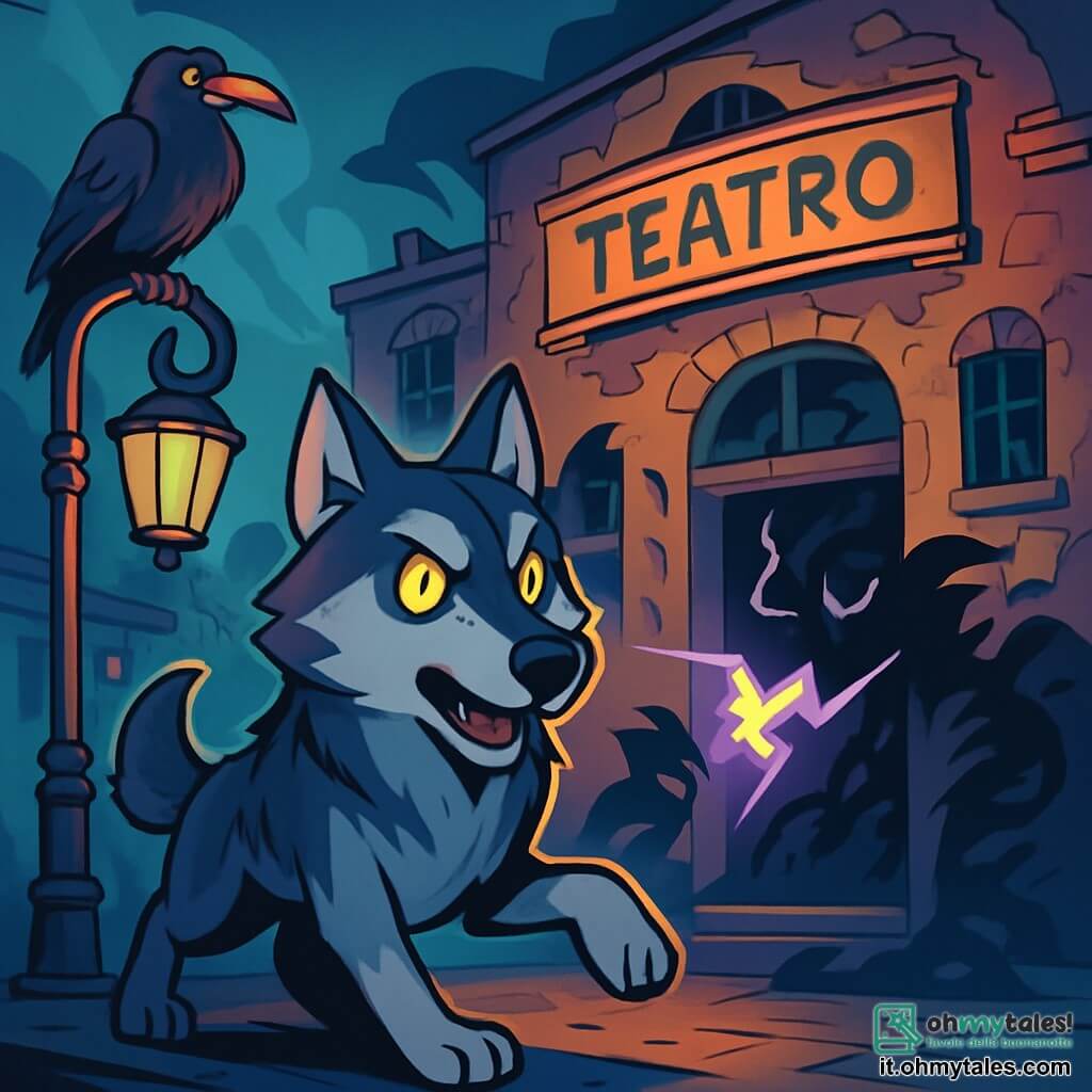 Argo, un cane lupo dagli occhi brillanti e dal pelo grigio e nero, si erge fiero e determinato al centro di una scena urbana magica. Le sue orecchie sono ritte e il suo sguardo è penetrante, esprimendo coraggio e curiosità. Accanto a lui, un corvo dalle piume iridescenti, posato su un lampione, osserva attentamente la scena con occhi saggi e maliziosi, pronto a dare consigli. Sullo sfondo, un vecchio teatro abbandonato con muri decrepiti e finestre rotte, immerso in una luce misteriosa, crea un'atmosfera intrigante. Ombre danzano attorno all'ingresso, aggiungendo un tocco di mistero. La scena principale mostra Argo mentre si lancia verso l'interno del teatro, pronto ad affrontare un'entità oscura che scaglia fulmini di magia, mentre ombre minacciose si muovono attorno a lui, creando una tensione palpabile nell'aria.