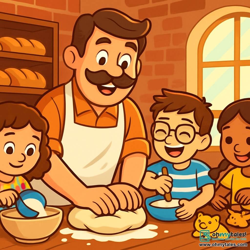 A man named Ben, with a large brown mustache and a warm smile, is kneading bread dough on a wooden table. He wears a white apron, slightly dusted with flour, and his eyes shine with joy and excitement. Next to him are three children: Lila, an 8-year-old girl with curly hair and a colorful dress, carefully measuring flour; Max, a 9-year-old boy with glasses and a striped t-shirt, enthusiastically mixing the dough; and Zoe, a 7-year-old girl with braids, shaping animal-shaped rolls, all smiling and focused. The setting is a cozy bakery with red brick walls, shelves filled with golden bread, and windows letting in sunlight, creating a joyful and welcoming atmosphere. The main scene shows Ben and the children working together, surrounded by flour and delicious aromas, sharing laughter and moments of bonding while preparing bread for the festival.