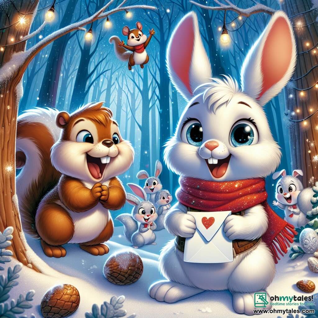 In an enchanted forest, a little white rabbit named Benny, with a patch of brown fur on his ear, expresses great excitement with his sparkling eyes, holding a letter for Santa in his small paws. Next to him, a plump squirrel named Sammy, with brown fur and a red scarf, joyfully smiles, hopping in place while showing Benny the way. In the background, snow rabbits with shimmering coats gather around them, their faces lit up by the magic of Christmas, laughing and sharing stories. The scene takes place in a snowy forest, where majestic trees are adorned with sparkling snowflakes and strings of lights, creating a fairy-tale atmosphere. Benny and Sammy are getting ready to deliver a special letter to Santa, surrounded by a joyful and festive ambiance filled with laughter and camaraderie.