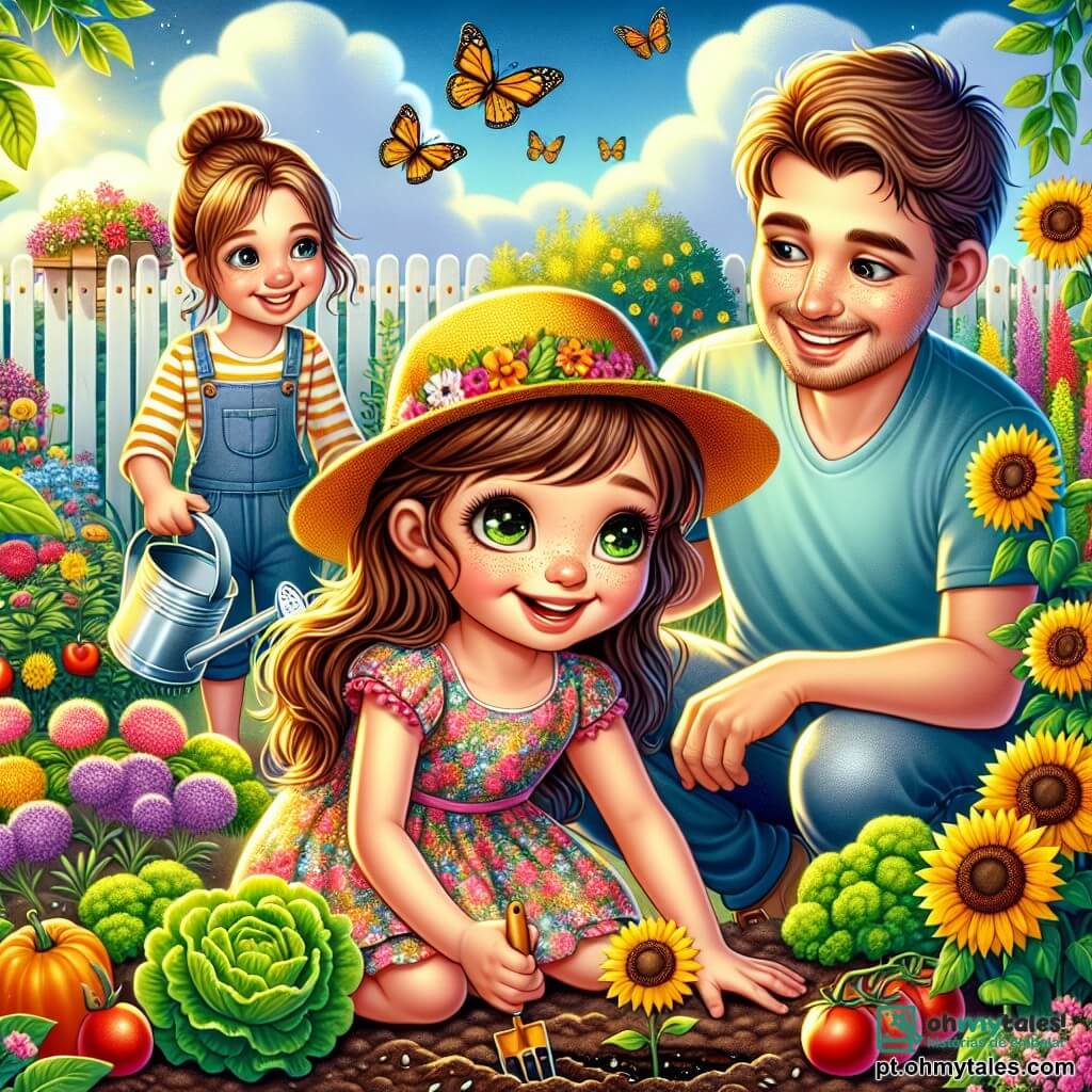Uma menina de 6 anos, Clara, com longos cabelos castanhos e olhos brilhantes de alegria, usa um chapéu amarelo e um vestido florido. Ela está agachada em um jardim, com as mãos na terra e um grande sorriso no rosto. Ao lado dela, seu pai, um homem de cerca de trinta anos com uma barba leve e uma camiseta azul, segura um regador e rega as plantas, olhando para Clara com orgulho. Sua mãe, uma mulher de trinta anos com cabelos castanhos presos em um coque, está um pouco mais longe, plantando alfaces e sorrindo para a filha. O jardim é vibrante e colorido, cheio de flores brilhantes de todas as cores, tomates vermelhos e girassóis altos que balançam suavemente ao vento. Borboletas voam ao redor das flores, adicionando um toque mágico ao ambiente. A cena principal mostra Clara, cheia de entusiasmo, plantando uma semente de girassol na terra, cercada por sua família e um jardim exuberante, simbolizando a alegria das férias de verão e o trabalho em equipe.