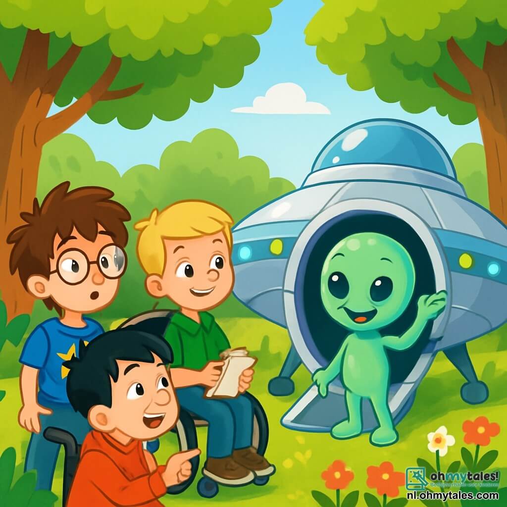 Er zijn 3 personages: - Sami: Een 10-jarig jongen met tousled bruin haar en ronde bril. Hij draagt een blauwe t-shirt met sterren en kijkt verwonderd naar het ruimteschip. - Jasper: Een 11-jarig jongen in een rolstoel, met blond haar en een vriendelijke glimlach. Hij draagt een groene shirt en houdt een klein notitieboekje vast, klaar om de alien te tekenen. - Tijs: Een 10-jarig jongen met zwart haar en sproeten. Hij draagt een rode sweatshirt en leunt naar voren, nieuwsgierig, terwijl hij met zijn vinger naar het ruimteschip wijst. De locatie bevindt zich in een groene open plek, omringd door majestueuze bomen met dikke stammen en felgroene bladeren. In het midden straalt een klein zilveren ruimteschip onder het zonlicht, met knipperende blauwe en groene lichten. Kleurrijke bloemen groeien eromheen, wat een vleugje magie aan de omgeving toevoegt. De belangrijkste situatie toont de drie vrienden die een vriendelijke alien ontdekken die uit zijn schip komt. De alien heeft een grote glimlach, sprankelende ogen en iriserende huid, terwijl de jongens hem met verbazing en opwinding gadeslaan.