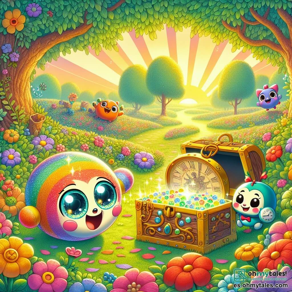 Bolita, una pequeña bola colorida con ojos brillantes y una gran sonrisa, rueda alegremente por un camino de flores multicolores, llena de emoción y curiosidad. A su lado, Tiqui, un pequeño reloj con brazos y piernas, muestra una expresión decidida, sosteniendo un viejo rollo de mapa del tesoro, listo para ayudarla en su búsqueda. El escenario es un jardín encantado, lleno de flores brillantes, grandes árboles con hojas exuberantes y un pequeño arroyo que serpentea por el paisaje. La situación principal muestra a Bolita y Tiqui descubriendo una misteriosa caja brillante escondida bajo un arbusto, rodeados de pétalos de flores y pequeñas criaturas curiosas que los observan con asombro.