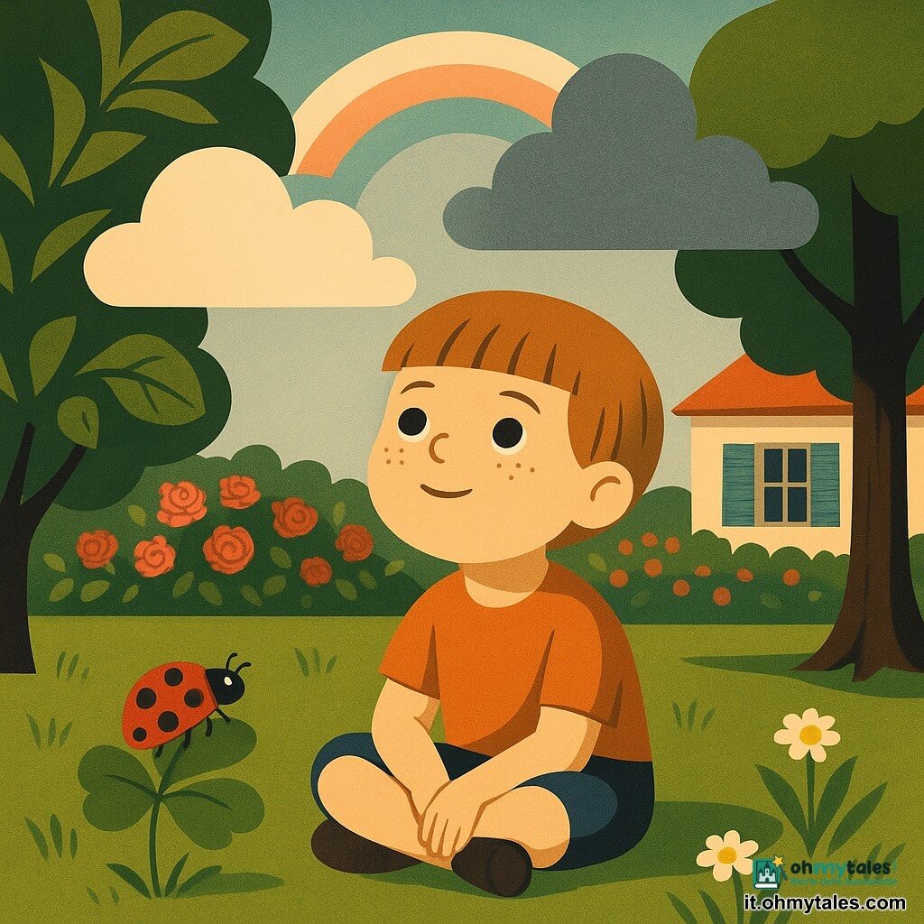 Bambino di 6 anni, viso rotondo con lentiggini, capelli castano chiaro a caschetto, espressione meravigliata e serena, seduto al centro di un prato verde con le mani sulle ginocchia a guardare il cielo; una coccinella rossa a pois neri su una foglia di trifoglio accanto a lui; due nuvole — una bianca e soffice, l’altra grigia e morbida — si sfiorano sopra creando un piccolo arcobaleno pastello; giardino con erba verde tenue, un grande fico a sinistra, siepe di rose rosa e rosse sullo sfondo, finestre di una casa con persiane blu, alcune margherite e l’ombra di un vecchio melo; scena calma e magica con luce solare soffusa che filtra al punto d’incontro delle nuvole.
