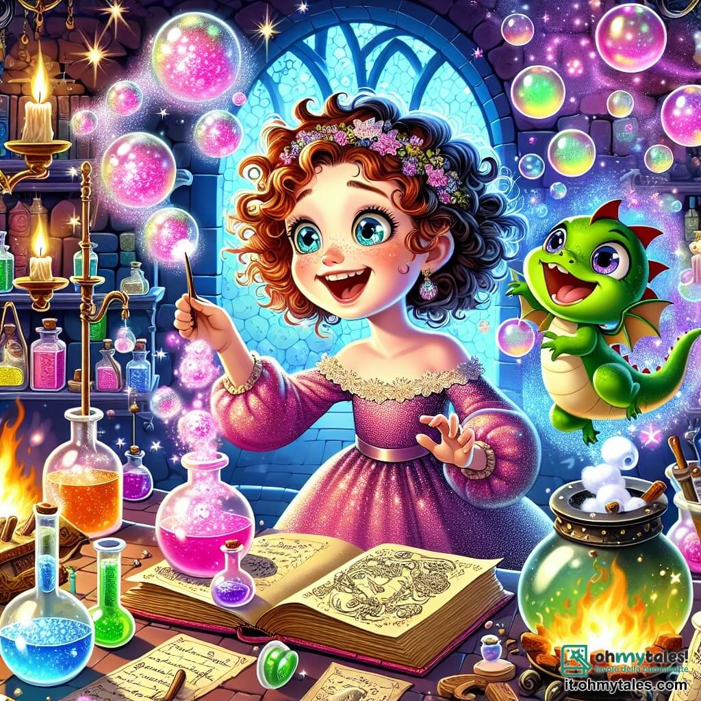 In un laboratorio di magia colorato, Catalina, una giovane strega di 10 anni con i capelli ricci e rossi, indossa un abito scintillante che cambia colore. Ha un grande sorriso e gli occhi brillanti di eccitazione mentre tiene una pozione che esplode in bolle rosa. Accanto a lei, Rugolino, un piccolo drago verde e birichino con squame luccicanti e occhi maliziosi, fluttua nell'aria ridendo, aggiungendo un tocco di magia alla scena. Il laboratorio è pieno di fiaschette colorate, libri antichi con pagine ingiallite e pentole fumanti, creando un'atmosfera incantata e caotica. Scintille di luce e stelle brillanti fluttuano attorno a loro, accentuando l'atmosfera fiabesca. La scena principale mostra Catalina mentre esegue un incantesimo, circondata da bolle magiche e risate, illustrando lo spirito giocoso e incantevole della storia.