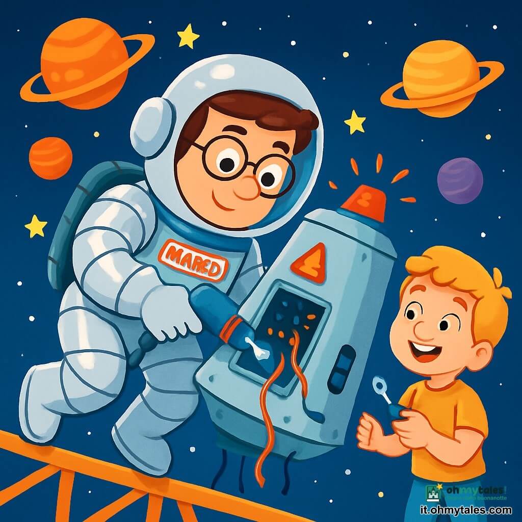 Un uomo di nome Marco, con capelli castani e occhiali rotondi, indossa una tuta spaziale brillante e argentata. Il suo viso esprime grande concentrazione e determinazione gioiosa mentre lavora su un modulo spaziale in difficoltà. Vicino a lui, un ragazzo di circa 10 anni, con capelli biondi e un sorriso entusiasta, osserva Marco con ammirazione, tenendo un piccolo attrezzo in mano. Il contesto è un cantiere orbitale fluttuante nello spazio, circondato da pianeti colorati e stelle scintillanti. La situazione principale mostra Marco mentre ripara il modulo, utilizzando strumenti futuristici, mentre il giovane ragazzo lo incoraggia con gesti entusiastici. L'atmosfera è piena di energia e speranza, illustrando lo spirito di aiuto e avventura nell'immensità dell'universo.