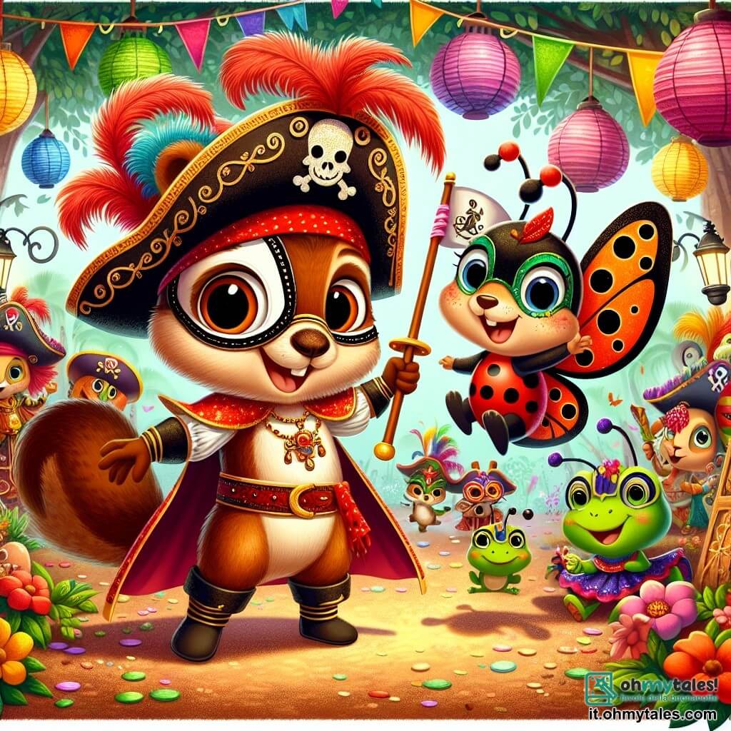Piumino, un adorabile scoiattolo con pelliccia marrone e una coda folta, indossa un colorato costume da pirata con un cappello nero decorato da una piuma rossa. Sorride con entusiasmo mentre brandisce una spada di cartone, pronto per un'avventura al carnevale. Accanto a lui, Rosetta, una piccola coccinella con ali rosse a pois neri, vola felicemente, i suoi occhi brillano di gioia. Danza attorno a Piumino, incoraggiando tutti gli amici a unirsi alla festa. Lo scenario è un giardino incantevole, pieno di fiori brillanti, lanterne colorate appese agli alberi e festoni di carta. Creature del giardino, come rane e conigli, si affaccendano per preparare il carnevale, creando un'atmosfera festosa. La scena principale mostra Piumino e Rosetta, circondati dai loro amici, pronti a iniziare il grande corteo del carnevale, con maschere scintillanti e costumi sgargianti, mentre coriandoli volano nell'aria e la musica risuona gioiosamente.