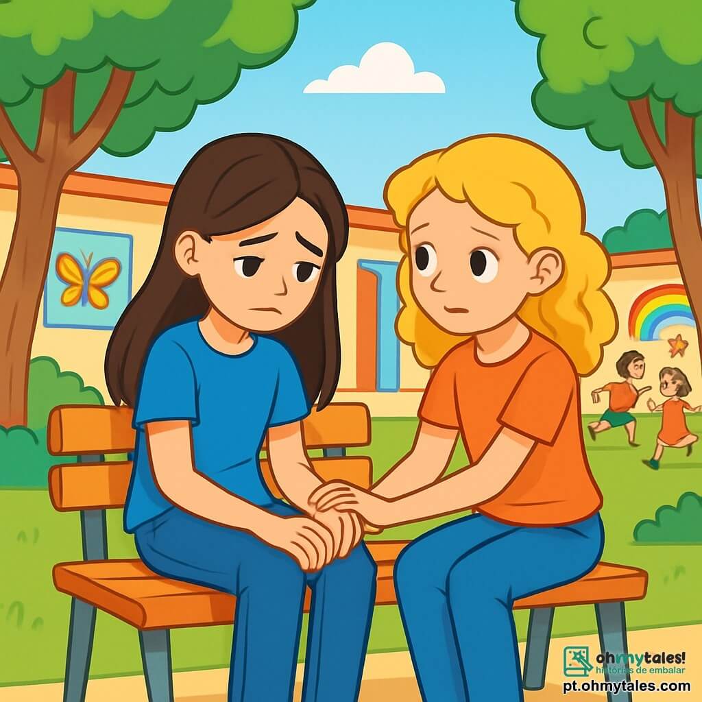 Uma menina de 12 anos, com longos cabelos castanhos e olhos tristes, está sentada em um banco no pátio da escola. Ela usa uma camiseta azul e jeans, com as mãos apoiadas nos joelhos, olhando para o chão, perdida em pensamentos. Ao lado dela, sua melhor amiga, uma menina de 12 anos com cabelos loiros e cacheados, segura sua mão com um olhar compreensivo, tentando confortá-la. O pátio da escola é cercado por grandes árvores com folhas verdes vibrantes, e desenhos coloridos decoram as paredes. Crianças brincam ao longe, rindo e correndo, mas a atmosfera ao redor das duas meninas é calma e melancólica. A situação principal mostra Ana, a menina triste, refletindo sobre sua avó falecida, enquanto sua amiga oferece apoio silencioso, criando um momento de intimidade no meio da agitação da escola.