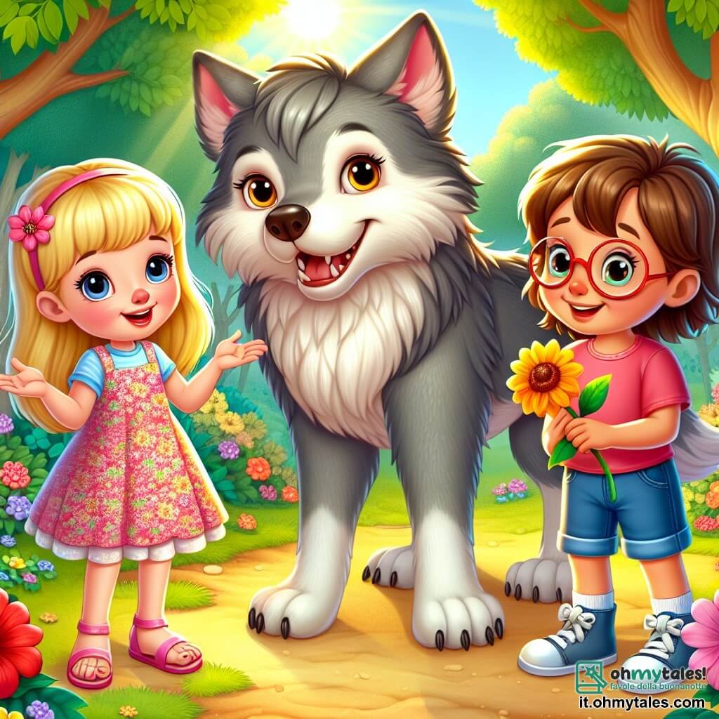 Ci sono tre personaggi principali: 1. **Mia**: una ragazza di 8 anni con capelli biondi brillanti, vestita con un abito rosa a fiori e sandali bianchi. È sorridente e si trova a sinistra, con le braccia aperte, pronta ad accogliere il lupo. 2. **Sara**: una ragazza di 9 anni con capelli castani e occhiali rotondi, vestita con una maglietta blu e pantaloni corti di jeans. Si trova a destra di Mia, tenendo un piccolo fiore colorato nella mano e mostrando un grande sorriso. 3. **Il Grande Lupo Cattivo**: un lupo grigio dagli occhi dolci e tristi, con un pelo setoso e di grande taglia. È al centro, leggermente curvo, con un'espressione amichevole, come se esitasse ad avvicinarsi alle ragazze. La scena si svolge in una radura soleggiata nel cuore di un bosco incantato, circondata da alberi maestosi e foglie verdi vibranti, mentre fiori multicolori punteggiano il terreno. Un dolce raggio di sole filtra tra i rami, creando un'atmosfera calorosa e accogliente. La situazione principale mostra Mia e Sara che, con espressioni gioiose, invitano il Grande Lupo a unirsi a loro per giocare. Le ragazze sembrano amichevoli e aperte, mentre il lupo, sebbene grande e imponente, mostra un'espressione di curiosità e felicità, pronto a scoprire l'amicizia.