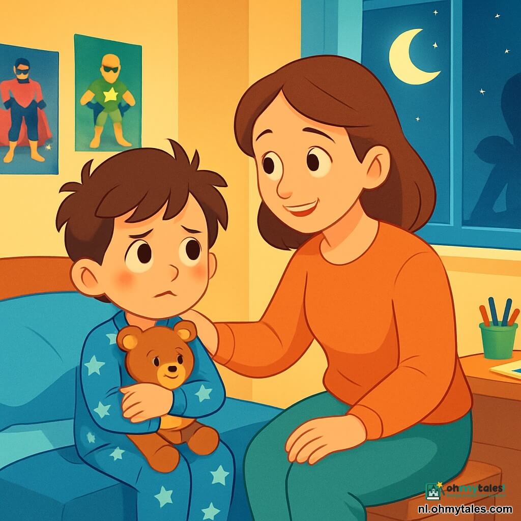 Een 6-jarig jongetje genaamd Mats, met rommelig bruin haar en grote nieuwsgierige ogen, zit op zijn bed. Hij heeft een bezorgde en vastberaden uitdrukking en houdt zijn knuffel, een teddybeer genaamd Max, stevig tegen zijn hart. Mats draagt een blauwe pyjama met witte sterren en zijn wangen zijn lichtroze van emotie. Zijn moeder, een vrouw van ongeveer 30 jaar met kastanjebruin haar en zachte ogen, zit op de rand van het bed. Ze glimlacht warm en troost Mats met een hand op zijn schouder. Ze draagt een comfortabele trui en een pyjamabroek. De kamer van Mats is licht, met muren in een zachte gele kleur en posters van superhelden aan de muur. Een klein bureau is gevuld met kleurpotloden en tekeningen. Een raam laat het maanlicht binnen, wat zachte schaduwen op de vloer werpt. De belangrijkste situatie toont Mats, een beetje nerveus, terwijl hij naar de schaduwen in zijn kamer kijkt, terwijl zijn moeder zachtjes met hem praat om hem gerust te stellen. De sfeer is zowel warm als een beetje mysterieus, met fonkelende sterren zichtbaar door het raam.