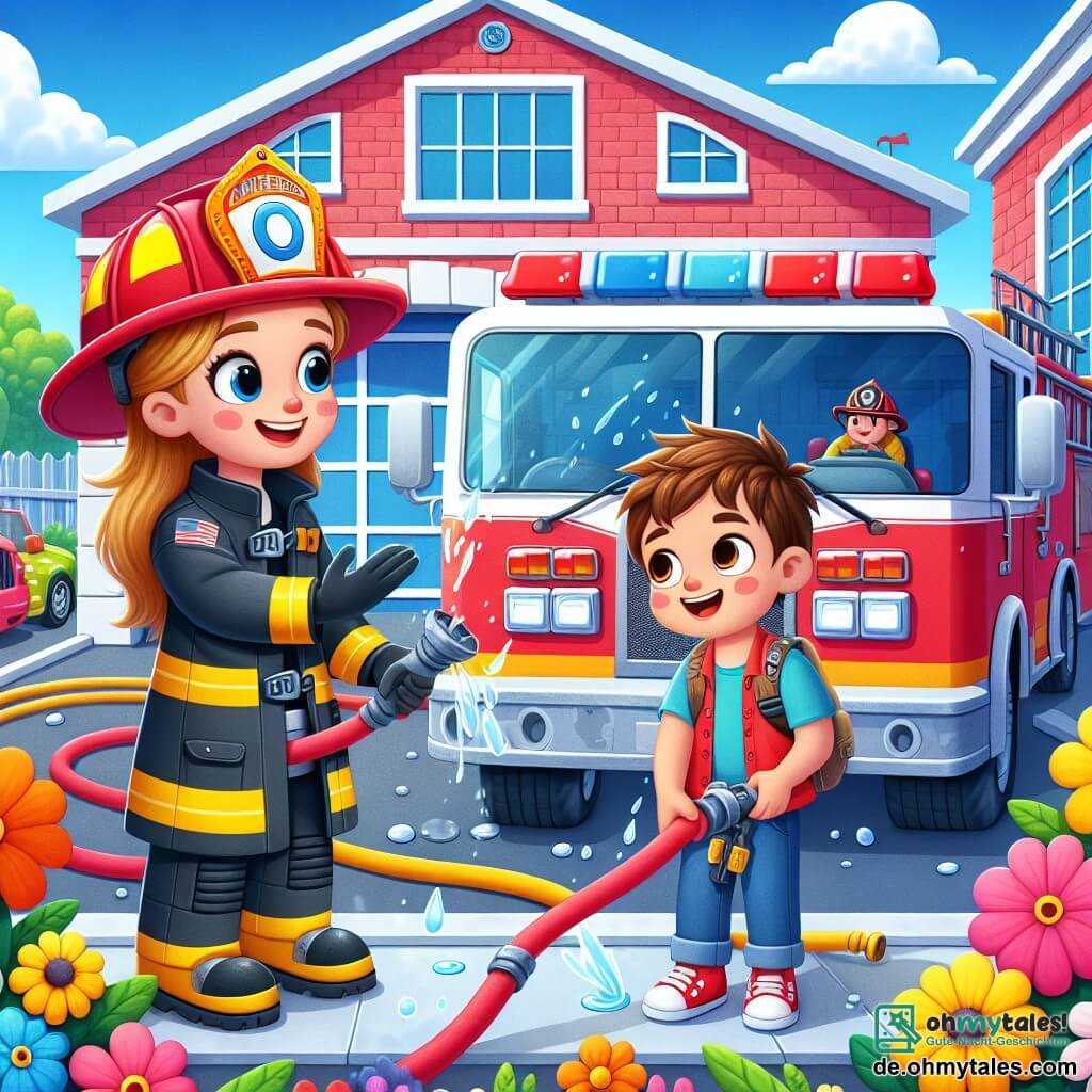 Eine Feuerwehrfrau, Anna, lächelt voller Energie, trägt einen roten Helm und eine blaue Feuerwehruniform. Sie reinigt ihren großen Feuerwehrwagen, der in der Sonne glänzt. Neben ihr steht ein kleiner Junge namens Max, etwa 7 Jahre alt, mit einem viel zu großen Helm, der bewundernd zuschaut. Er hat zerzauste braune Haare und ein breites Lächeln im Gesicht, während er begeistert einen Feuerwehrschlauch hält. Die Szene spielt vor einer bunten Feuerwache mit roten Wänden und weißen Fenstern, umgeben von bunten Blumen, die der Umgebung Leben verleihen. Der Himmel ist blau und sonnig mit einigen weißen Wolken. Die Hauptsituation zeigt Anna und Max, die fröhlich zusammenarbeiten, während Max versucht, Anna beim Reinigen des Wagens zu helfen, was den Teamgeist und die Freundschaft zwischen ihnen verdeutlicht.
