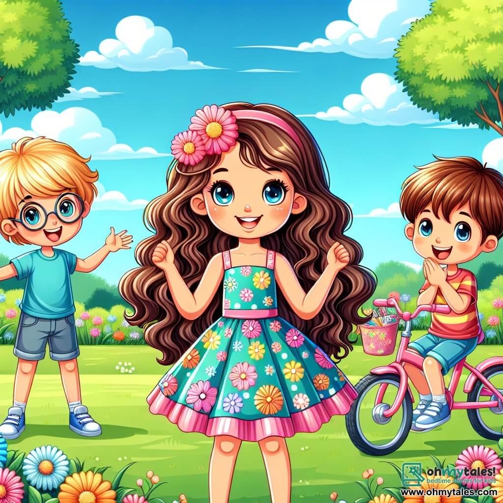 A 7-year-old girl, Mia, with beautiful curly brown hair cascading over her shoulders, stands on her pink bike, her bright smile and sparkling eyes full of joy. She wears a colorful flower-patterned dress and appears energetic, ready to explore the world. Next to her is her friend Jake, an 8-year-old boy with messy blonde hair and round glasses, enthusiastically clapping, wearing a blue t-shirt and shorts. He stands on the lawn with his arms raised in encouragement. Emily, another 7-year-old friend with long, smooth hair in pigtails, sits on the grass drinking water and smiling at Mia, dressed in a colorful striped dress. The scene takes place in a sunny park filled with vibrant flowers and green trees, under a clear blue sky dotted with fluffy white clouds. After taking a break from her bike, Mia rests on the grass with her friends, sharing laughter and encouragement, symbolizing friendship and support in the face of life's challenges.