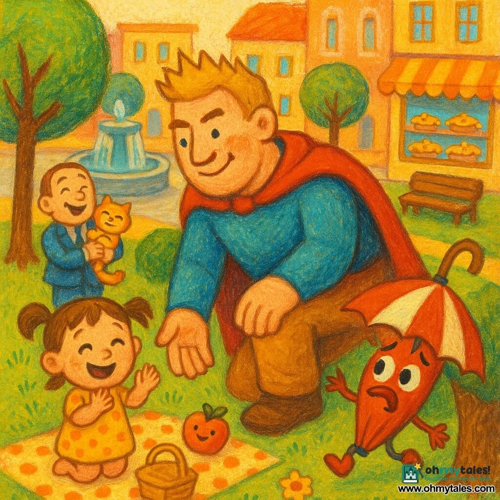 A tall, stocky man named Mr. Bumbleboots, smiling and patient with a flowing red cape and spiky blond hair, kneels by a tree reaching for a stuck red-and-white anthropomorphic umbrella with small eyes and shoes that looks slightly panicked; a joyful five-year-old girl with brown pigtails and a yellow polka-dot dress stands to his left clapping on a polka-dot picnic blanket, while the mayor, about fifty in a neat blue suit, stands by a fountain laughing with his cat Sir Whiskers; the main street has pastel-faced tall buildings, round trees, wooden benches and a bakery window full of pies, and the scene captures a warm, colorful, gently comic moment with laughing children, smiling little objects, soft features and painterly textures.