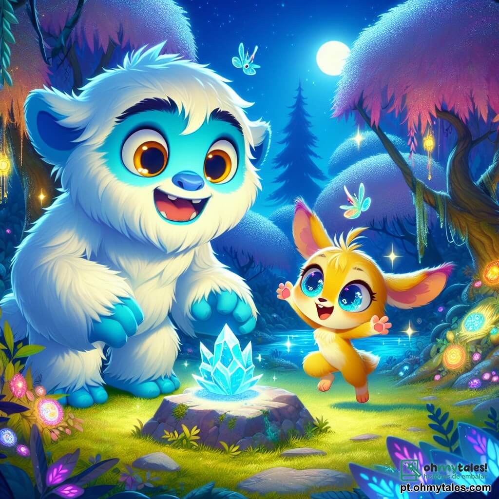 Um yéti de pelos azul-claro, com grandes olhos curiosos e um sorriso acolhedor, está no centro de uma clareira encantada, admirando um talismã de cristal brilhante sobre uma pedra. Ele expressa uma alegria radiante, com os braços abertos como se quisesse abraçar o mundo. Ao seu lado, Lúnia, uma pequena criatura dourada que parece uma mistura de raposo e coelho, com grandes orelhas e olhos brilhantes, salta de alegria, com as patas levantadas no ar. O local é uma clareira mágica, cercada por árvores com folhas cintilantes e flores coloridas que dançam ao vento, criando uma atmosfera de conto de fadas. A luz da lua ilumina a cena, acrescentando um toque de mistério e magia. A situação principal mostra o yéti e Lúnia descobrindo o talismã de cristal, símbolo de sua amizade, enquanto uma doce melodia se eleva no ar, atraindo criaturas fantásticas que os cercam com admiração.