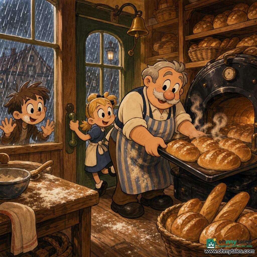 Man: Mr. Pierre, round face and soft white mustache, warm serene expression, short gray hair, flour-stained blue-and-white striped apron, pulling a large tray of golden breads from the oven and smoothing the surface with a gentle gesture; Girl: Emma, about 6, blonde pigtails, wide-eyed playful smile, holding the glass door handle and watching Mr. Pierre from the doorway on tiptoe; Boy: Lucas, about 8, tousled brown hair, flour smudge on his cheek, pressed against the display window to nose the glass, standing left of the door; Setting: cozy small bakery with green door and brass bell, wooden shelves filled with loaves, large old black-steel oven, wooden worktop dusted with flour, soft yellow light and rain on the window; Scene: rainy morning as Mr. Pierre removes a steaming tray of golden-brown breads filling the air with warm scent, children marvel at the sight from the door and window, suspended flour dust and yellow highlights on the crusts.