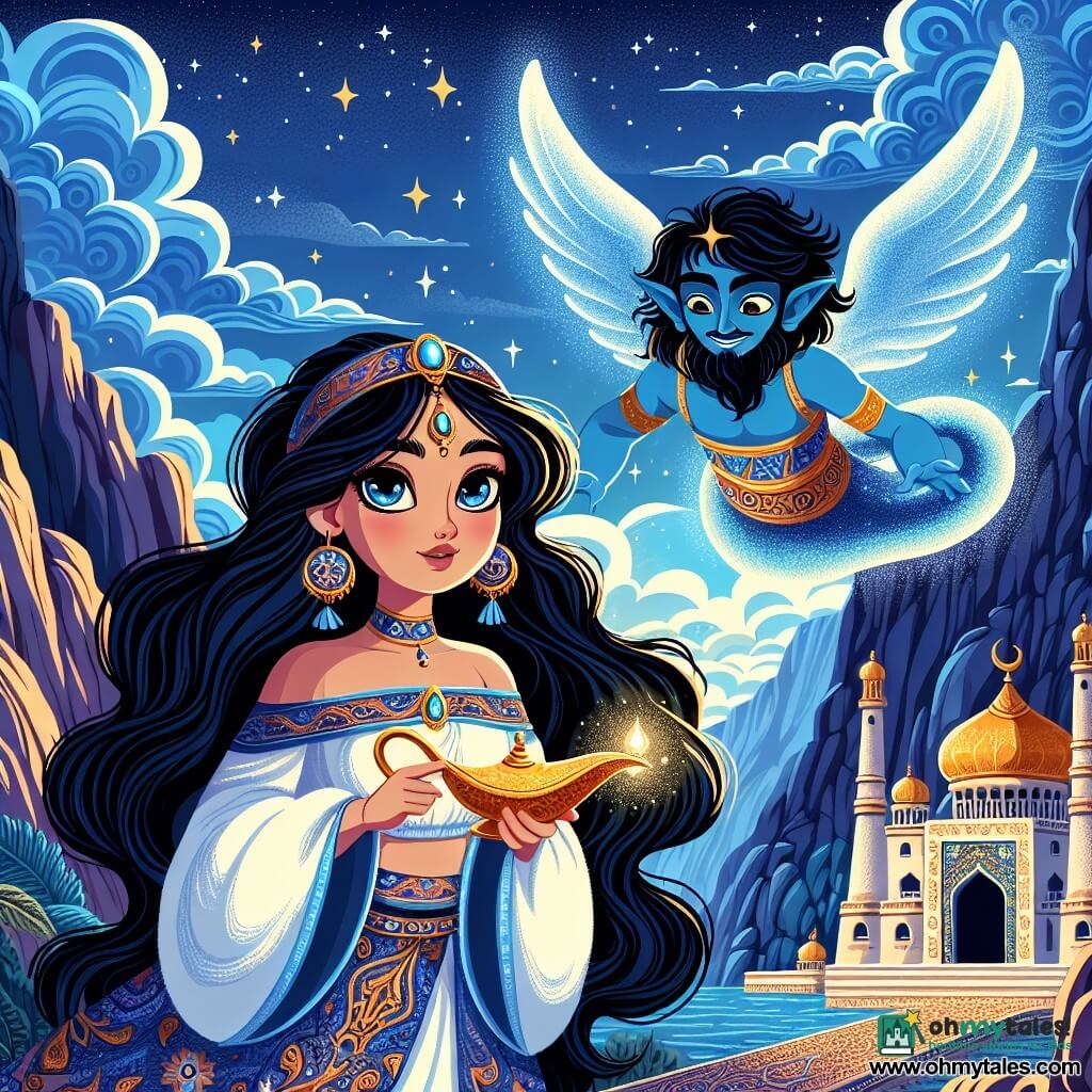 A woman named Layla, in her twenties, stands at the top of a majestic mountain, her face radiant with wonder and determination. She has long wavy black hair, dressed in a traditional gown with vibrant blue and gold patterns, holding a sparkling magic lamp in her hands. Beside her, a wise jinn, with deep blue skin and eyes shining like stars, floats slightly above the ground, a benevolent smile on his face. The surrounding landscape is spectacular, featuring steep cliffs, a bright starry sky, and an ancient stone temple adorned with arabesque patterns, illuminated by the soft light of the lamp. Layla, with a hopeful look, is about to make a wish for her village, while the jinn listens attentively, creating a magical and promising atmosphere.