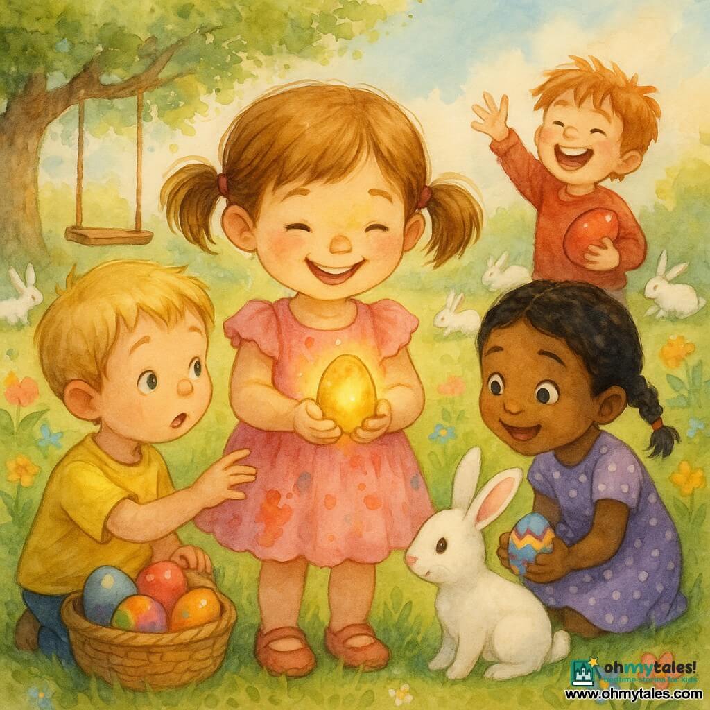 A radiant, smiling 4-year-old girl, Lily, with light brown pigtails and a pink ruffled, paint-stained dress holds a small glittering golden egg in her hands; to her left stands Sam, about 5, short blond hair and a yellow T-shirt, reaching to look at the egg with a basket of colorful eggs near his feet; to her right crouches Ella, about 4, black braided hair and a purple polka-dot dress, wide-eyed as she shows a patterned egg to a rabbit; in the background Max, about 6, tousled red hair and a red sweater, laughs holding a large red egg and slightly raises his arm as if waving; the bright spring garden has trimmed green grass, pink, blue and yellow flowers, a large oak with a rope swing, and small white rabbits hopping around; the children are gathered around Lily, captivated by the softly glowing golden egg, decorated egg baskets on the grass and a warm sunbeam through light clouds; style: soft watercolor with controlled splashes, delicate outlines, visible paper texture, vivid pastel colors and warm light with golden reflections on the egg.