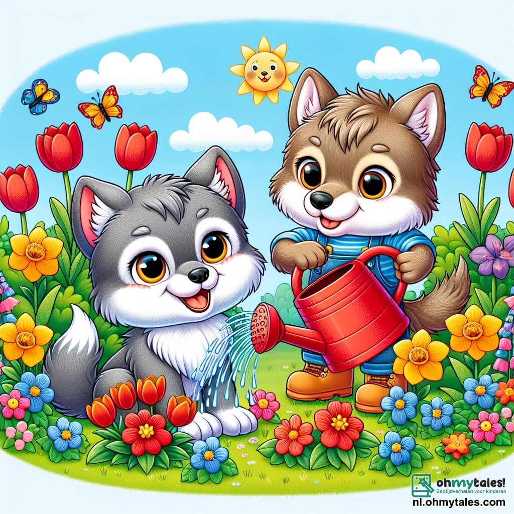 Een kleine wolf met een zachte, grijze vacht en grote, sprankelende ogen besproeit kleurrijke bloemen in een zonnige tuin. Hij glimlacht breed, met zijn kleine oren rechtop, terwijl hij een rode plastic gieter vasthoudt. Naast hem staat zijn moeder, een wolvin met een bruine vacht en liefdevolle ogen, die trots toekijkt met gekruiste armen en een zachte glimlach op haar gezicht. De tuin is vol met schitterende bloemen, zoals rode tulpen, gele narcissen en paarse viooltjes, omringd door weelderig groen, onder een helderblauwe lucht met enkele donzige witte wolken. De scène toont de kleine wolf die zich vermaakt met het besproeien van de planten, terwijl kleurrijke vlinders om hen heen fladderen, wat een vleugje magie toevoegt aan deze mooie lentedag.