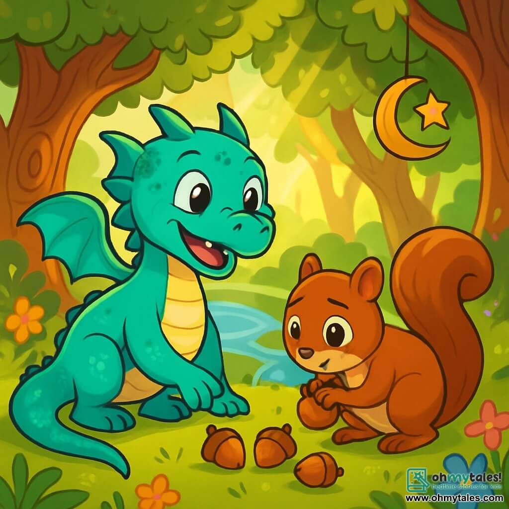 Zephyra, a small dragon with sparkling turquoise scales, stands joyfully by a stream, her wide smile and sparkling curious eyes. Her delicate wings are folded against her body, and her tail glistens in the sunlight. Next to her, a small brown squirrel with bright eyes looks worried as he desperately searches for his scattered acorns on the ground. He crouches with trembling paws while Zephyra encourages him with a friendly glance. The setting is an enchanted forest filled with majestic trees and colorful flowers dancing in the breeze. Rays of light filter through the foliage, creating golden patterns on the ground. In this scene, Zephyra helps the squirrel find his precious nuts, illustrating the magic of teamwork and kindness during Ramadan.
