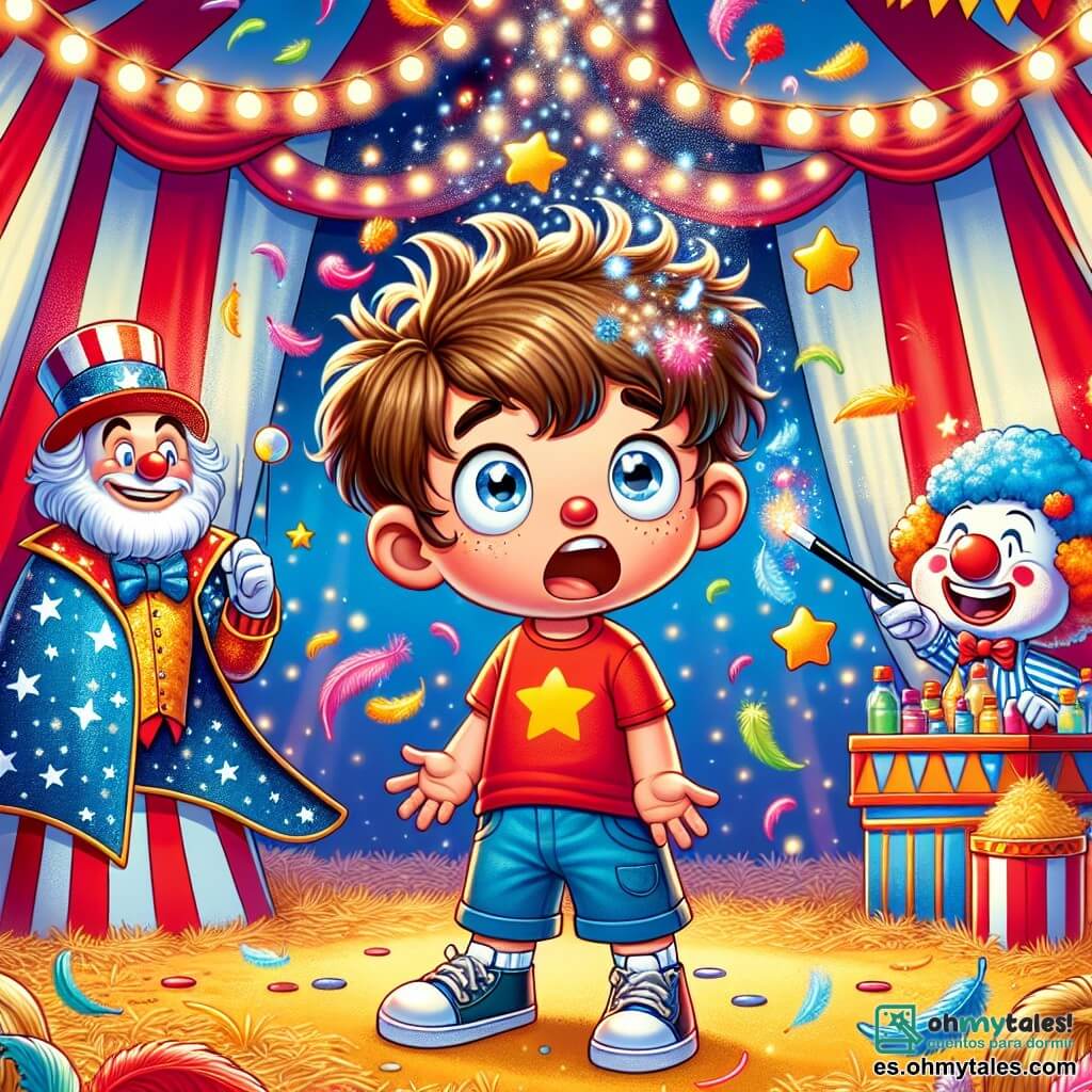 Un niño de 7 años, Carlitos, con el cabello castaño alborotado y ojos brillantes de curiosidad, se encuentra en el centro de la escena, riendo a carcajadas mientras es rodeado de plumas de colores que vuelan a su alrededor. Lleva una camiseta roja brillante y un pantalón corto azul, con zapatillas blancas que parecen listas para saltar al aire. A su derecha, Don Mago Chispa, un mago de unos 40 años, viste una capa azul estrellada y un sombrero de copa. Sonríe moviendo la cabeza, divertido por el desorden, mientras sostiene una varita mágica brillante. A la izquierda, un payaso alegre de unos 30 años, con la cara pintada de blanco, una gran nariz roja y cabello multicolor, hace malabares con pelotas de espuma, riendo y lanzando plumas al aire. La escena se desarrolla bajo la gran carpa del circo, donde las rayas rojas y blancas de la tela crean un ambiente vibrante. Luces centelleantes iluminan el espacio, y el suelo está cubierto de paja y confeti, añadiendo a la atmósfera festiva. La situación principal muestra a Carlitos, maravillado y riendo, en medio de un torbellino de plumas de colores, después de haber desencadenado accidentalmente un truco de magia que ha transformado el espectáculo en una fiesta alegre y caótica.