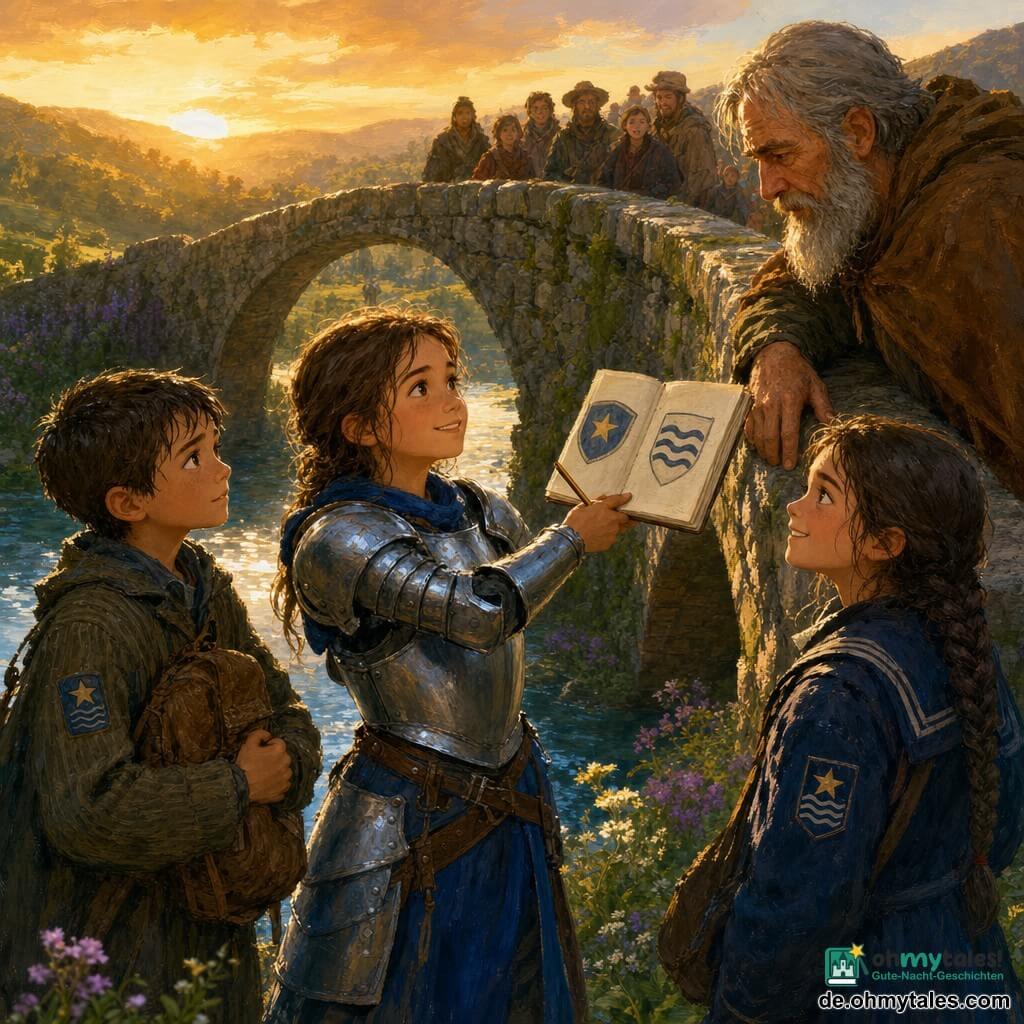 Eine junge Ritterin namens Alina, entschlossen und lächelnd, trägt eine kleine silbrig-bläuliche Rüstung, hält ein aufgeschlagenes Heft und einen Bleistift und steht mittig, das Gesicht strahlend und die Augen selbstbewusst; ein Junge, Finn, etwa 10 Jahre, mit nassen kurzen Haaren, trägt einen gerippten Mantel mit salzverkrustetem Saum, hält einen kleinen Rucksack und steht schüchtern leicht hinter ihr links; ein Mädchen, Mira, etwa 11 Jahre, mit noch feuchten, geflochtenen langen Haaren, trägt einen Seemannsmantel mit einem Wappen mit Stern und drei Wellen, lächelt mutig und steht bei Finn rechts von Alina; ein alter Brückenwärter, etwa 60 Jahre, groß und bärtig, in einer braun-okernen Kapuze steht am Ende einer alten steinernen Brücke, mit ernster, aber gemilderter Miene, die Hand auf dem Brückenrand; Ort: moosbedeckte alte Steinbrücke über einem klaren Fluss, blühende Ufer, sanfte Hügel im Hintergrund und leichter Nebel, goldene Dämmerungslichtreflexe auf dem Wasser; Situation: Alina drückt ihr Heft dem Wärter entgegen, um das Wappen der beiden Kinder zu erklären, eine ruhige, hoffnungsvolle Vermittlung, neugierige Dorfbewohner als verschwommene Silhouetten hinter dem Wärter; Stil: Acrylmalerei mit sichtbaren Pinselstrichen, warmen Farben, sanften Kontrasten, detaillierten Stoff- und Metalltexturen, ein einladendes, heroisches Ambiente, zentrierte, kindgerechte Komposition.