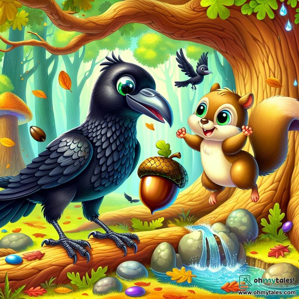 A raven named Charlie, with shiny black feathers and sparkling curious eyes, stands on a branch of a large oak tree. He wears a joyful and determined expression, delicately holding a bright acorn in his beak. Next to him, Lily, a small squirrel with bright eyes and light brown fur, jumps excitedly on another branch, her front paws raised in gratitude. Below, the ground is covered with green and golden leaves, and a nearby stream sparkles as the water dances over smooth stones. The scene shows Charlie, the raven, triumphantly returning to Lily with the lost acorn, surrounded by the colorful beauty of the enchanted forest, full of life and magic.