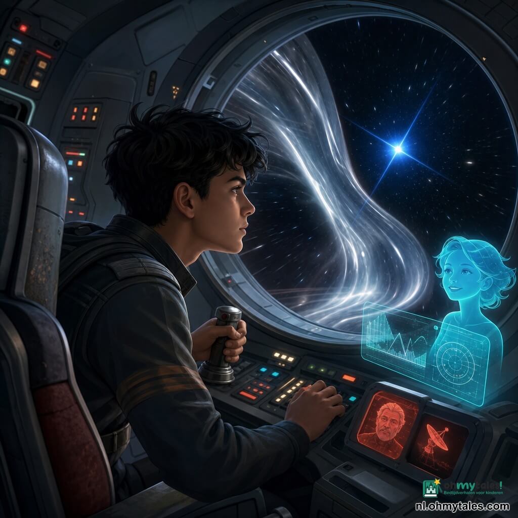 Javi, zo’n 16 jaar, olijfkleurige huid, zwarte warrige haren, geconcentreerde blik, houdt stevig een klein metalen stuur en leunt naar een groot raam; Nola, een blauwgroen hologram-IA bij het dashboard met zachte vormen, lichte lijnen, grafieken en een klein glimlachend licht; een verre mannenstem via een rood transmissiescherm met een oud satellietpictogram; cabine van het kleine verkenningsschip Vederlicht, compact mat met metalen panelen, gekleurde schakelknoppen, felle schermen en versleten stoelen; buiten een zilverachtige, golvende fluxknoop die de ruimte vervormt, uitgerekte sterren en een scherpe blauwe “eerlijke ster” als visueel anker; Javi geeft korte raketcorrecties met precieze, vastberaden bewegingen terwijl het schip licht helt en de zilvernevel het licht buigt.