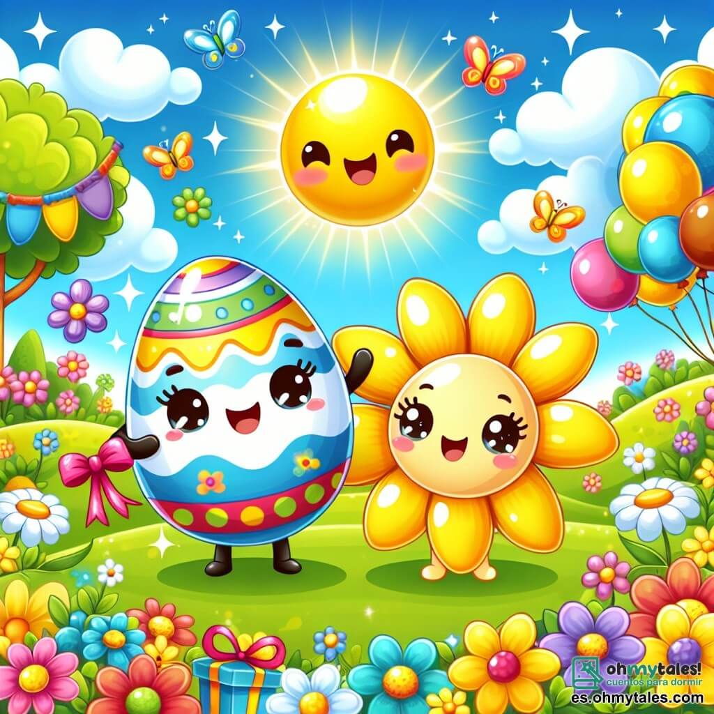 Ilustración de un pequeño huevo decorado con motivos coloridos y sonrisas alegres. Este huevo, personaje principal, expresa gran emoción y felicidad, sosteniendo cintas de colores vivos en sus pequeñas manos. Junto a él, una flor amarilla sonriente con pétalos brillantes y ojos chispeantes baila al ritmo de la fiesta, animando al huevo a seguir decorando. El escenario es un jardín soleado lleno de flores multicolores, hierba verde y árboles en flor. El cielo es azul con algunas nubes blancas y un sol radiante que ilumina la escena. La situación principal muestra al huevo y la flor preparando una gran fiesta de Pascua, rodeados de guirnaldas de colores y pequeños huevos de chocolate brillando al sol. Otros elementos gráficos incluyen globos coloridos flotando en el aire, mariposas revoloteando a su alrededor y pequeños cestos llenos de golosinas, añadiendo una atmósfera festiva y alegre a la ilustración.