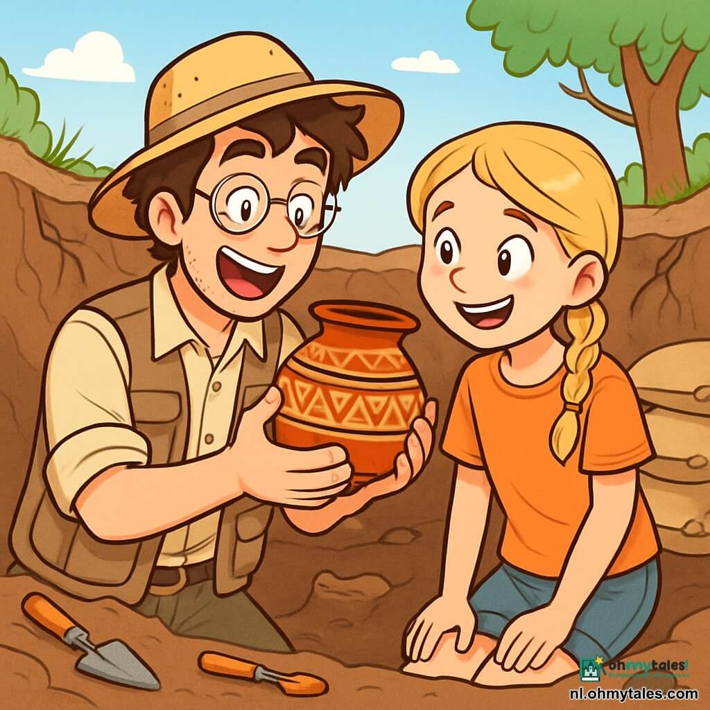 Een archeoloog, Lucas, in de dertig met rommelig bruin haar en ronde brillen, toont grote opwinding op zijn gezicht. Hij draagt een beige shirt, een werkvest vol zakken en een strohoed, terwijl hij een oude versierde pot in zijn handen houdt. Naast hem staat een 12-jarig meisje, Emma, met gevlochten blond haar en een stralende glimlach, die aandachtig naar de pot kijkt met nieuwsgierige ogen. Hun omgeving is een archeologische opgraving, omringd door bruine aarde, stenen en boomwortels, onder een heldere blauwe lucht. Opgravingstools liggen verspreid om hen heen, en zandzakken zijn opgestapeld om de opgraving te beschermen. De belangrijkste situatie toont Lucas en Emma die samen een oude pot ontdekken, wat de opwinding van verkenning en de verbinding met het verleden symboliseert.