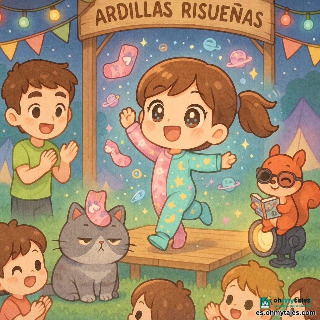 Niña de 10 años, alegre, coletas castañas, ojos grandes, en pijama cambiante que proyecta mini-calcetines danzantes y planetas, hace piruetas sobre una pequeña tarima sonriendo y levantando un brazo; monitor joven de ~18 años a la izquierda, sorprendido y divertido, camiseta verde neón, aplaude; Bartolo, gato gris y redondo, al pie de la tarima mira un calcetín volador rosa con unicornios sobre su cabeza; ardilla antropomorfa pelirroja con gafas de sol a la derecha, sentada sobre un foco y guiñando mientras lee un cómic; escenario nocturno del campamento "Ardillas Risueñas" con guirnaldas luminosas, banderolas y tiendas pastel desenfocadas sobre césped; público infantil chibi aplaude; estilo chibi kawaii, contornos nítidos, colores pastel saturados, luces suaves y textura de acuarela.