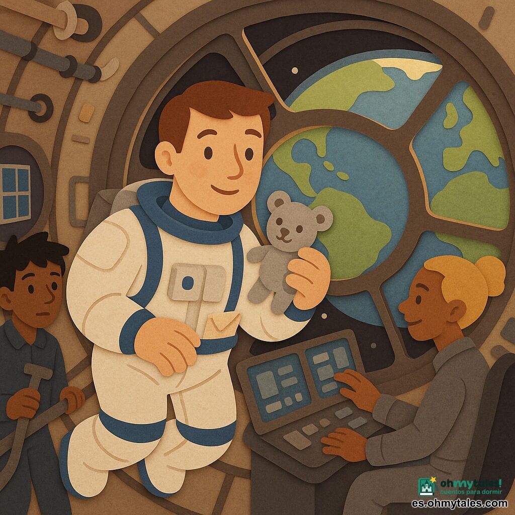 Un astronauta hombre, con expresión asombrada y responsable, rasgos suaves y cabello corto castaño, vestido con traje blanco con detalles azules, flota junto a la cúpula sosteniendo un pequeño peluche gris en la mano derecha y con una carta doblada asomando del bolsillo interior de su arnés; una ingeniera de unos 40 años, sonriente y concentrada, cabello rubio recogido y traje gris, está sentada en una consola táctil detrás de él ajustando pantallas y mirando hacia la misma ventana; un joven ingeniero de unos 25 años, pelo negro despeinado y expresión atenta, sujeta una llave magnética y una barandilla a la izquierda, listo para ayudar; interior de una estación espacial con tubos metálicos y grandes ventanas circulares que muestran paneles solares y la Tierra azul y verde en la cúpula; momento solemne y tranquilo de cooperación y maravilla, el peluche y la carta simbolizan su familia y responsabilidad.
