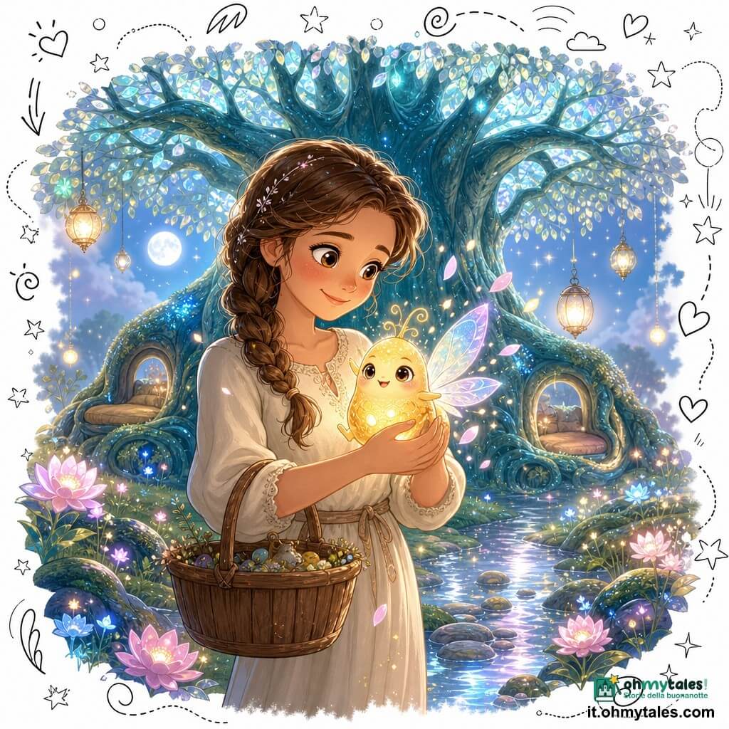 Lucia, dal volto dolce e sorridente, occhi castani e capelli castani intrecciati, con una veste crema e un cesto di legno, tiene vicino al cuore una piccola creatura fatata luminosa, grande come un pulcino, corpo ovoidale color miele e ali traslucide iridescenti; la creatura trema ma la sua luce comincia a scintillare. Dietro di loro, al centro di una radura, un grande albero custode dal tronco turchese e foglie luccicanti; la radura di muschio è punteggiata di fiori fosforescenti rosa e azzurri, sentieri di pietre umide e un ruscello argentato che riflette la luna; lanterne fluttuano nell'aria. La scena mostra Lucia che aiuta la creatura a ritrovare la sua luce presso il ruscello sotto l'albero, mentre petali luminosi cadono e la creatura sorride.