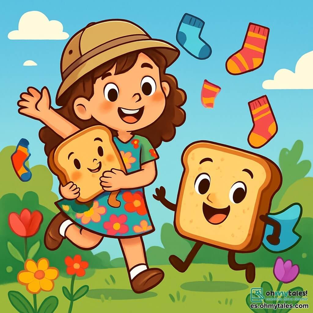 Una niña de 8 años, llamada Martina, con cabello castaño rizado y ojos llenos de curiosidad, salta de alegría sosteniendo una tostada sonriente bajo el brazo. Lleva una gorra de explorador y un vestido de flores coloridas, mostrando una gran sonrisa maravillada. Junto a ella, una tostada antropomórfica, con brazos y piernas de pan dorado, lleva una pequeña servilleta como capa y hace una reverencia alegre, con ojos brillantes de emoción. El escenario es un jardín exuberante, lleno de flores vibrantes, calcetines coloridos que bailan a su alrededor, y un cielo azul salpicado de nubes esponjosas. La escena muestra a Martina y la tostada en plena aventura, listas para explorar el jardín mágico en busca de la mermelada de arcoíris, rodeadas de calcetines danzantes y risas brillantes.