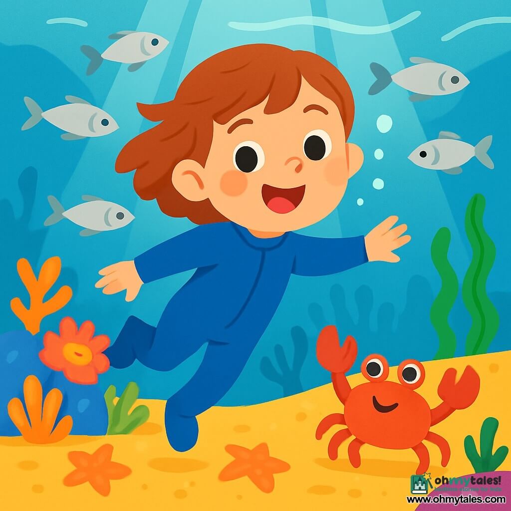 A 4-year-old girl named Lila, with a bright smile and sparkling eyes, is wearing a blue wetsuit. She is happily swimming in clear water, surrounded by silver fish swirling around her. Next to her, a little crab named Mina, with bright eyes and a red shell, is scuttling on the sand, clicking joyfully. The background shows a magical underwater world with colorful flower-shaped corals and waving seaweed dancing with the current. Rays of light filter through the water's surface, illuminating sparkling starfish on the seabed. The scene depicts Lila and Mina exploring a coral garden together, amazed by the beauty of their underwater environment, while a gentle melody of the ocean surrounds them.