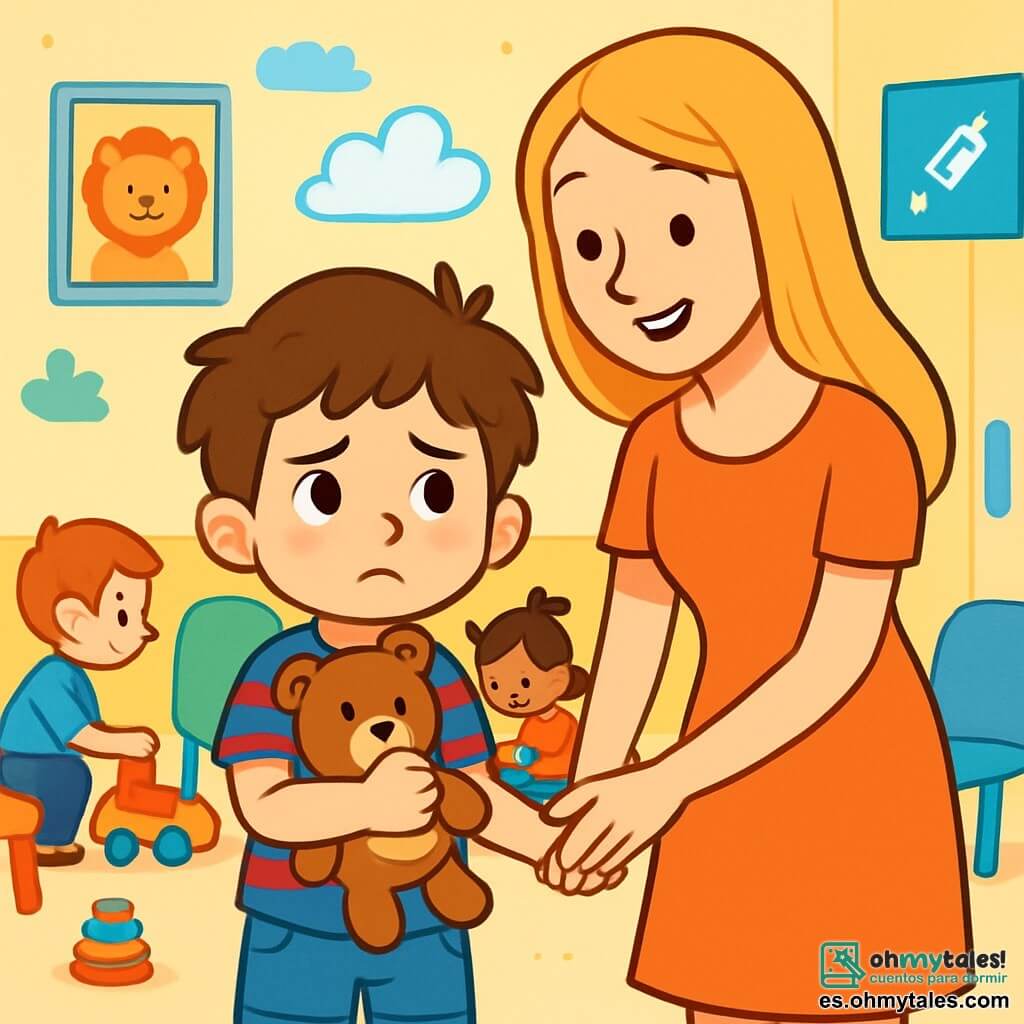 Un niño de 6 años, con cabello castaño desordenado y ojos brillantes de curiosidad, se encuentra en el centro de la imagen. Lleva una camiseta a rayas azules y rojas, un short de mezclilla y abraza fuertemente su peluche, un oso de peluche llamado Bruno, contra su corazón. Su rostro expresa una ligera preocupación, con las cejas fruncidas y un pequeño puchero. A su lado, su mamá, una mujer de unos 30 años, con cabello largo y rubio, sonríe con ternura. Lleva un vestido ligero y sostiene la mano de su hijo, animándolo con una mirada cálida. La escena ocurre en la sala de espera de un centro médico, con paredes pintadas de colores vivos, decoradas con dibujos de animales alegres y nubes. Sillas coloridas están dispuestas alrededor, y algunos niños juegan con juguetes de plástico. El niño, un poco nervioso, se prepara para recibir una pequeña inyección, pero se siente reconfortado por la presencia de su mamá y su oso de peluche. La atmósfera es a la vez tranquilizadora y dinámica, mostrando la mezcla de miedo y valentía en el corazón del niño.