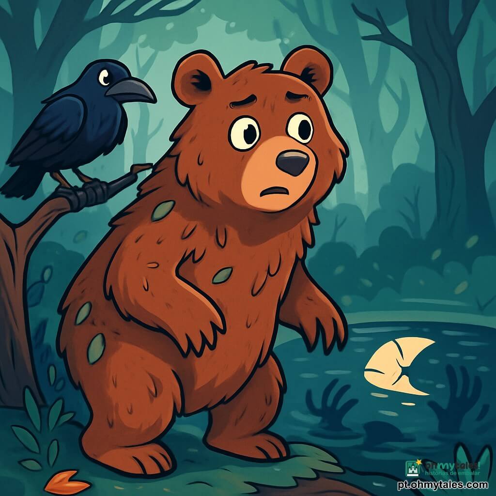 No centro da imagem, Miro, um grande urso pardo de olhos redondos e brilhantes, está em pé sobre as patas traseiras, com uma expressão inquieta e curiosa. Seu pelo é espesso e sedoso, salpicado de folhas e galhos, e ele observa atentamente ao seu redor, com as orelhas em pé, pronto para reagir a um perigo invisível. À sua esquerda, um corvo de penas pretas brilhantes, com um olhar penetrante e inteligente, empoleira-se em um galho baixo. Ele parece ao mesmo tempo sábio e preocupado, com as asas ligeiramente abertas, como se estivesse prestes a voar a qualquer momento. Ao fundo, a floresta está envolta em uma névoa espessa e misteriosa, com árvores de troncos retorcidos que se erguem como silhuetas fantasmagóricas, suas folhas tremendo com uma leve brisa. Sombras dançam entre os troncos, criando uma atmosfera mágica e inquietante. A cena representa Miro, o urso, descobrindo um lago misterioso, onde a superfície da água reflete uma lua quebrada, enquanto formas escuras e indistintas emergem das profundezas, como se quisessem agarrá-lo. A ilustração transmite uma sensação de tensão e aventura, cativando a imaginação dos jovens leitores.